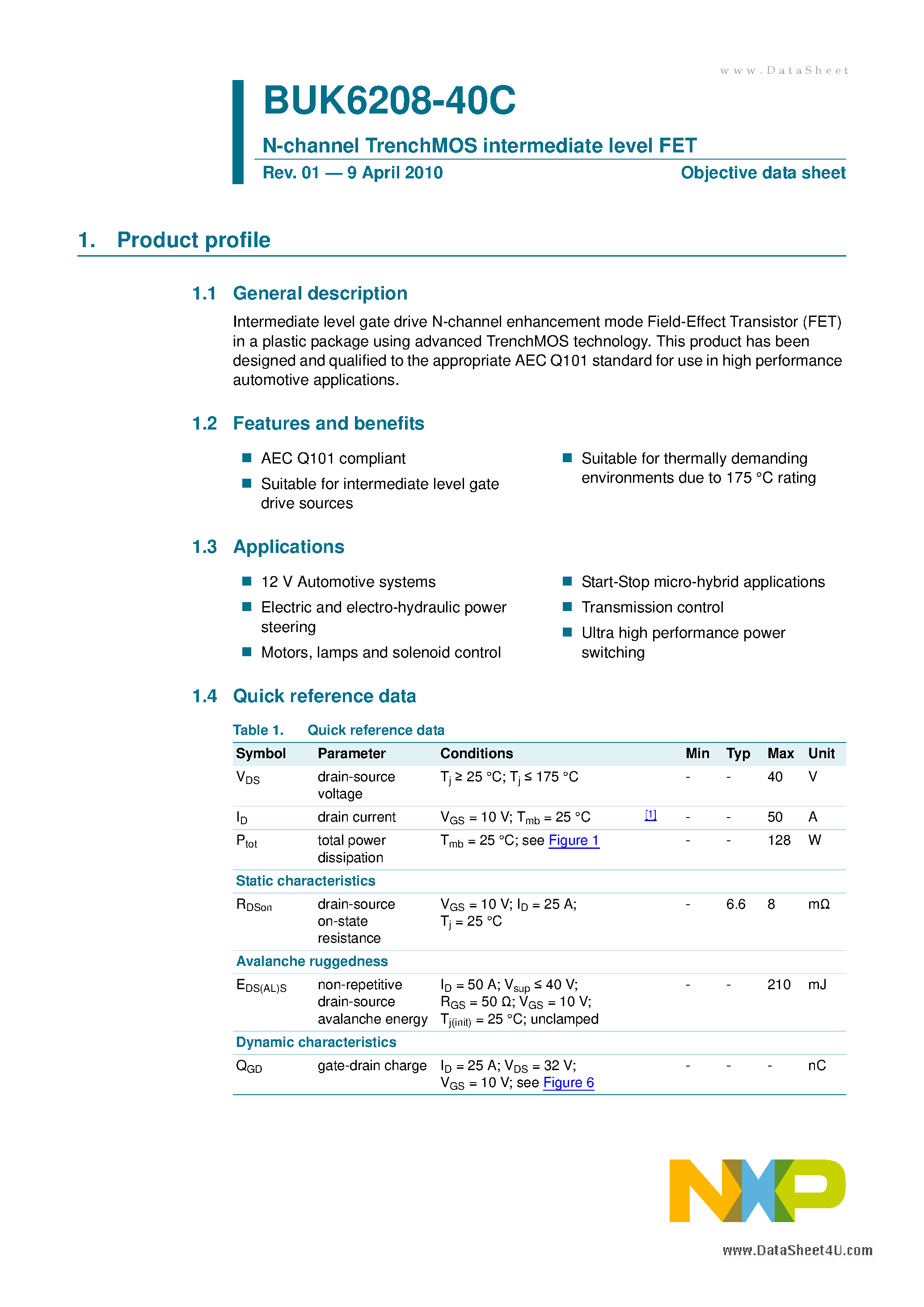 Datasheet BUK6208-40C - N-channel TrenchMOS intermediate level FET page 1