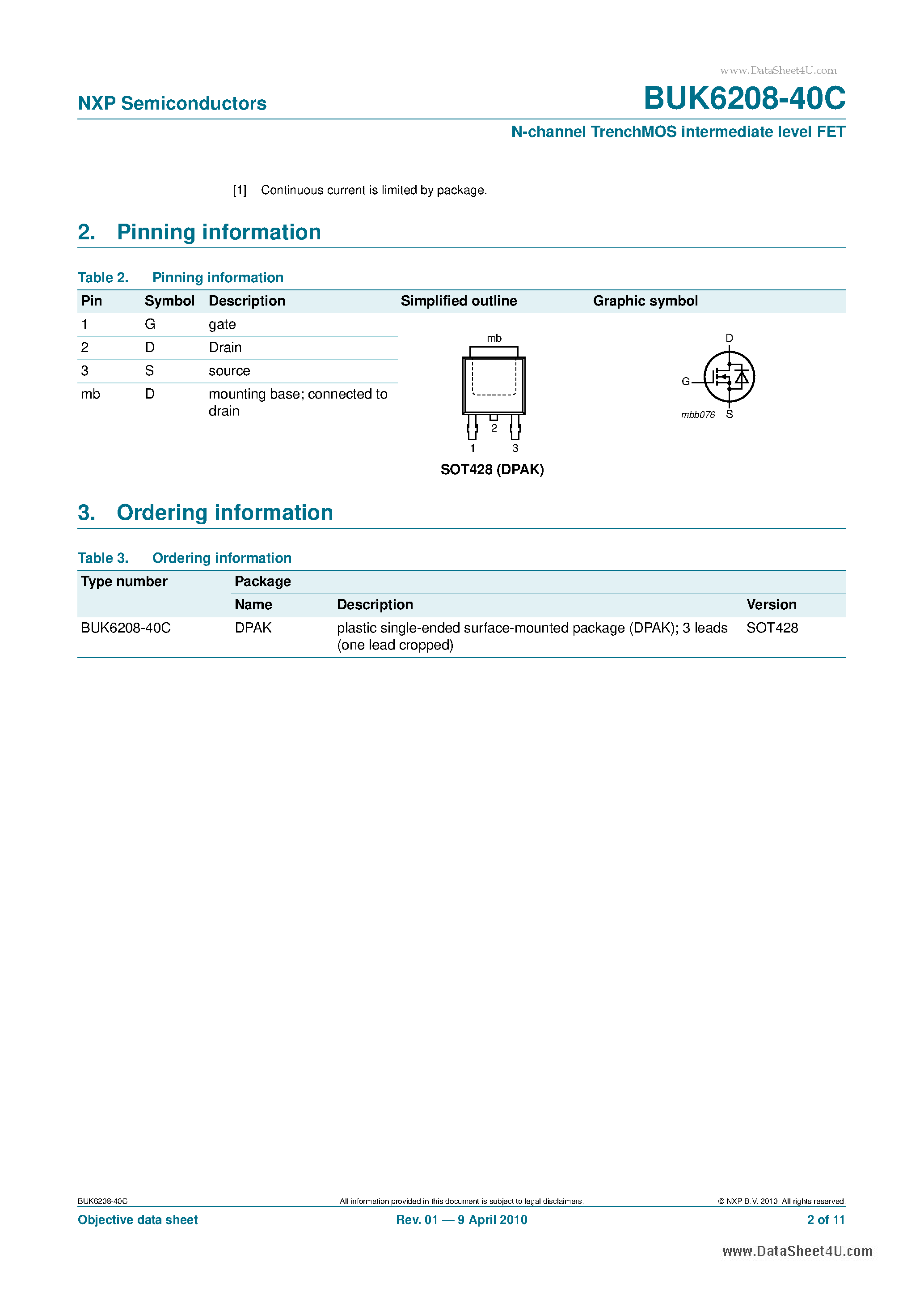 Datasheet BUK6208-40C - N-channel TrenchMOS intermediate level FET page 2