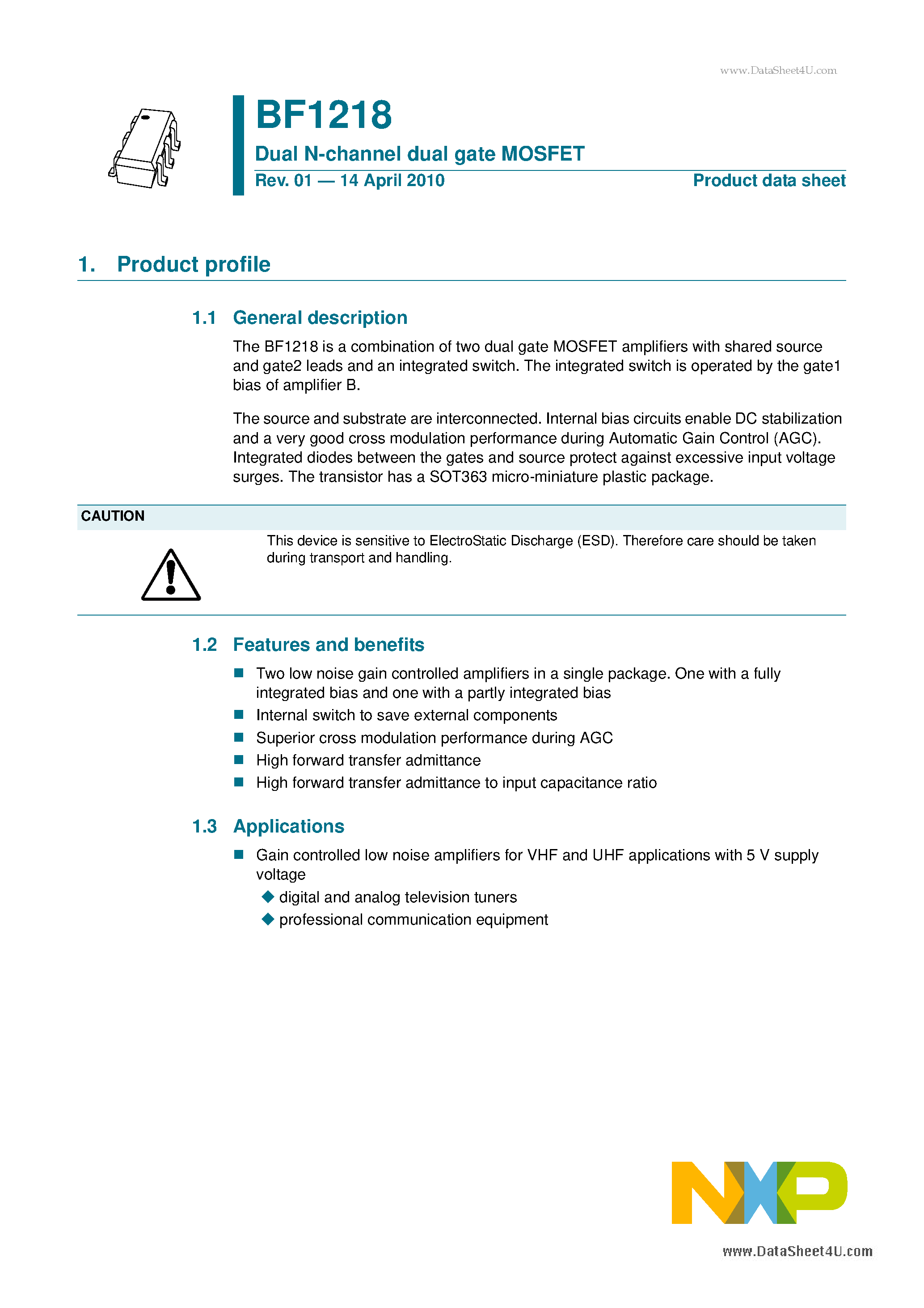 Даташит на микросхему BF1218 страница 1 Даташит BF1218 - Dual N-channel dual gate MOSFET страница 1