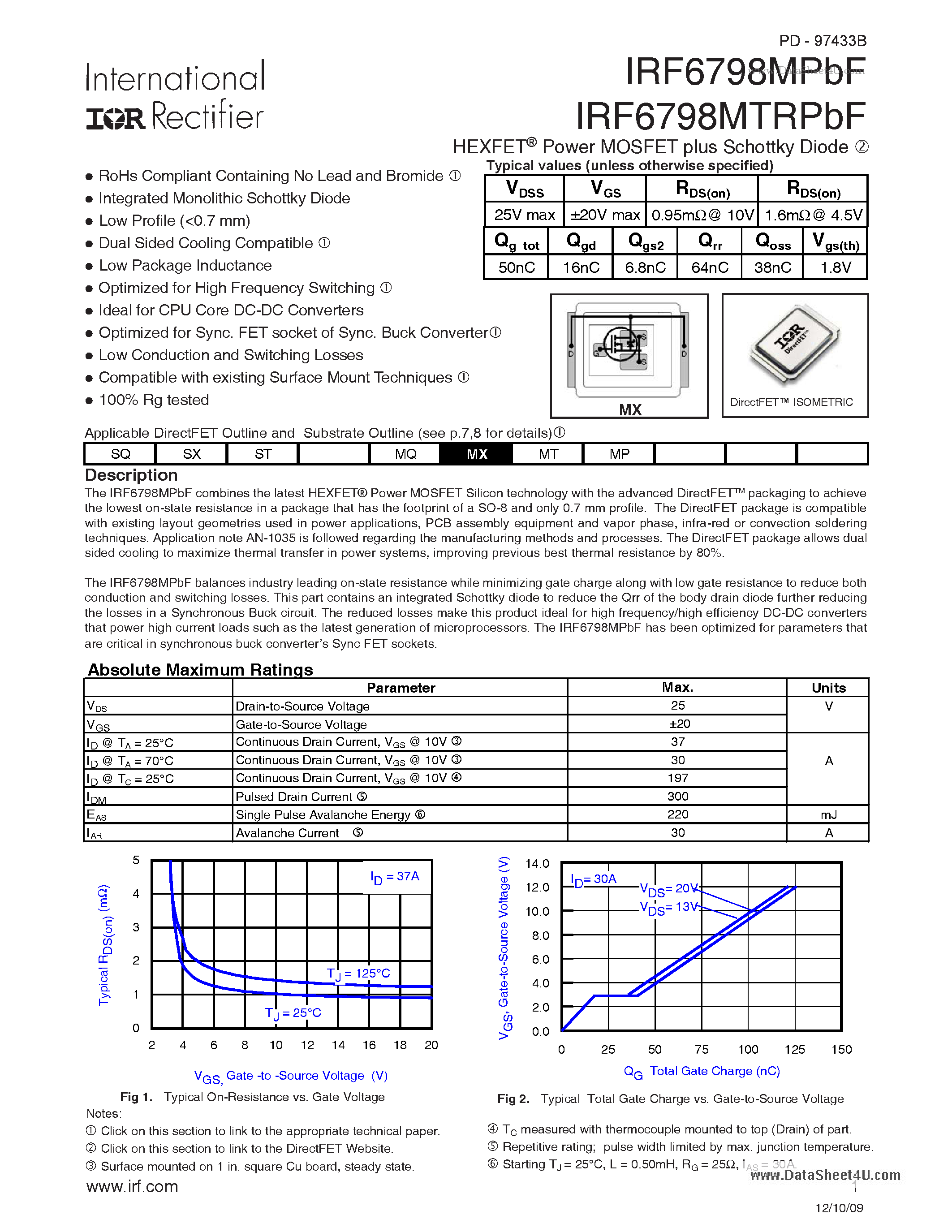 Datasheet IRF6798MPBF - HEXFET Power MOSFET plus Schottky Diode page 1