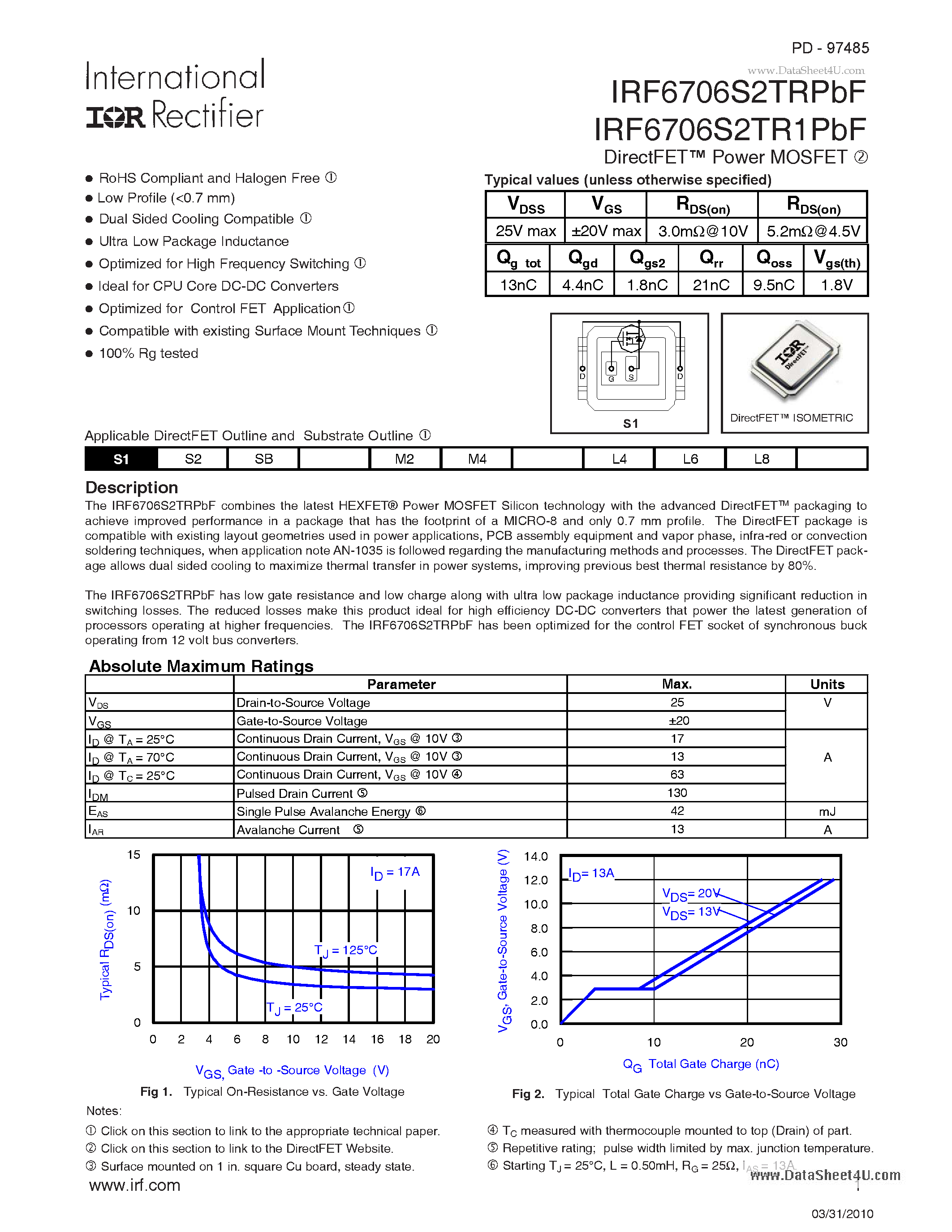 Datasheet IRF6706S2TR1PBF - DirectFET Power MOSFET page 1