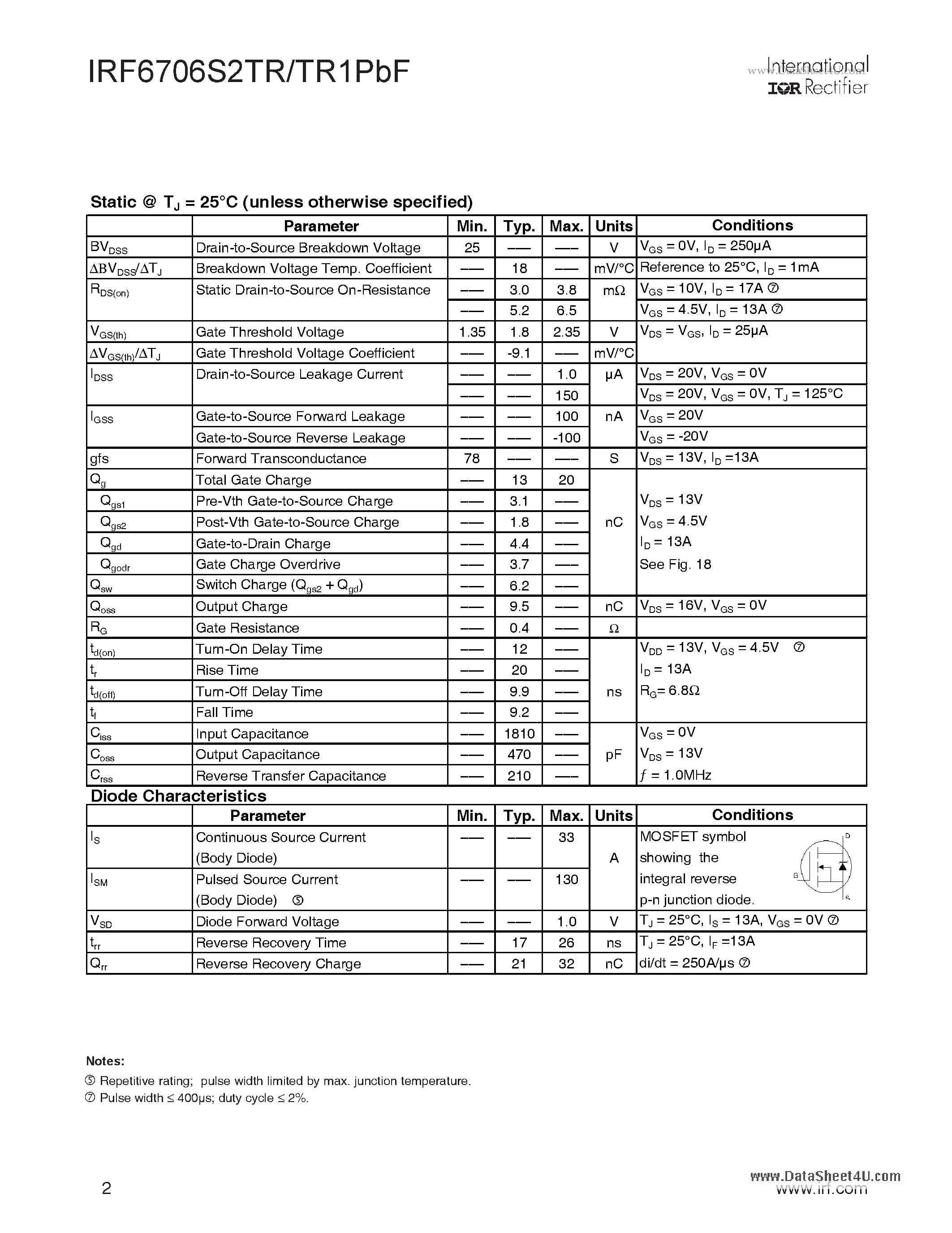 Datasheet IRF6706S2TR1PBF - DirectFET Power MOSFET page 2