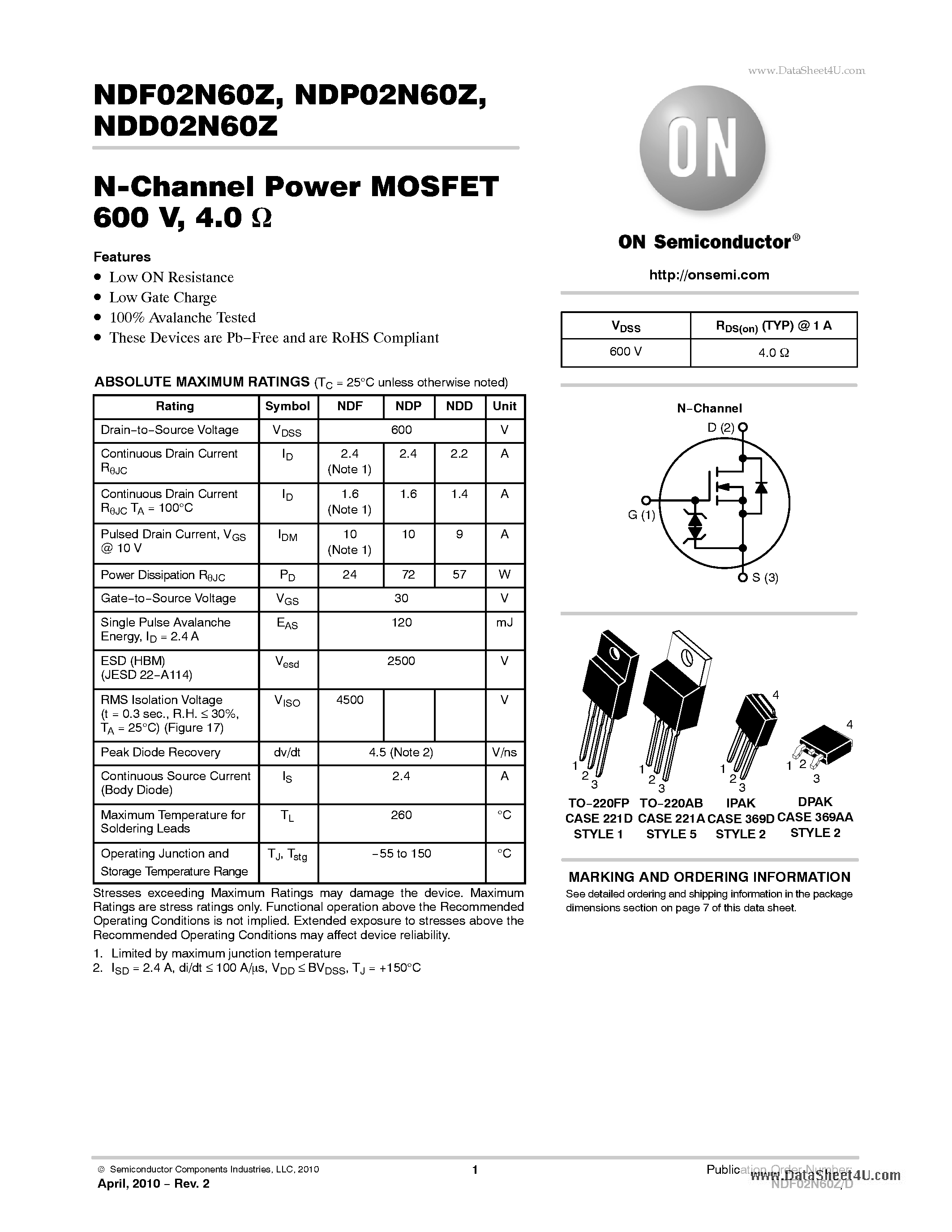 Datasheet NDP02N60Z - N-Channel Power MOSFET page 1