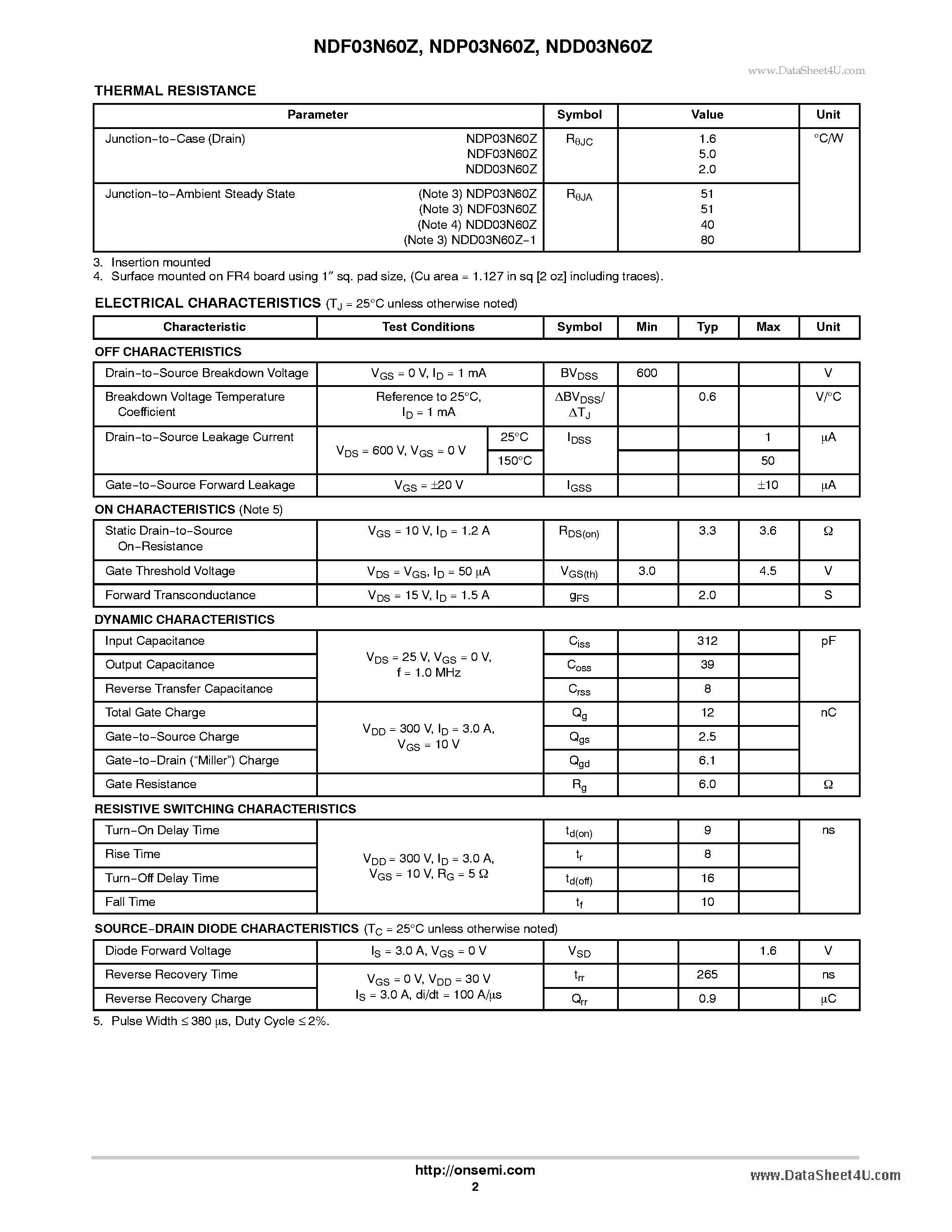 Datasheet NDP03N60Z - N-Channel Power MOSFET page 2