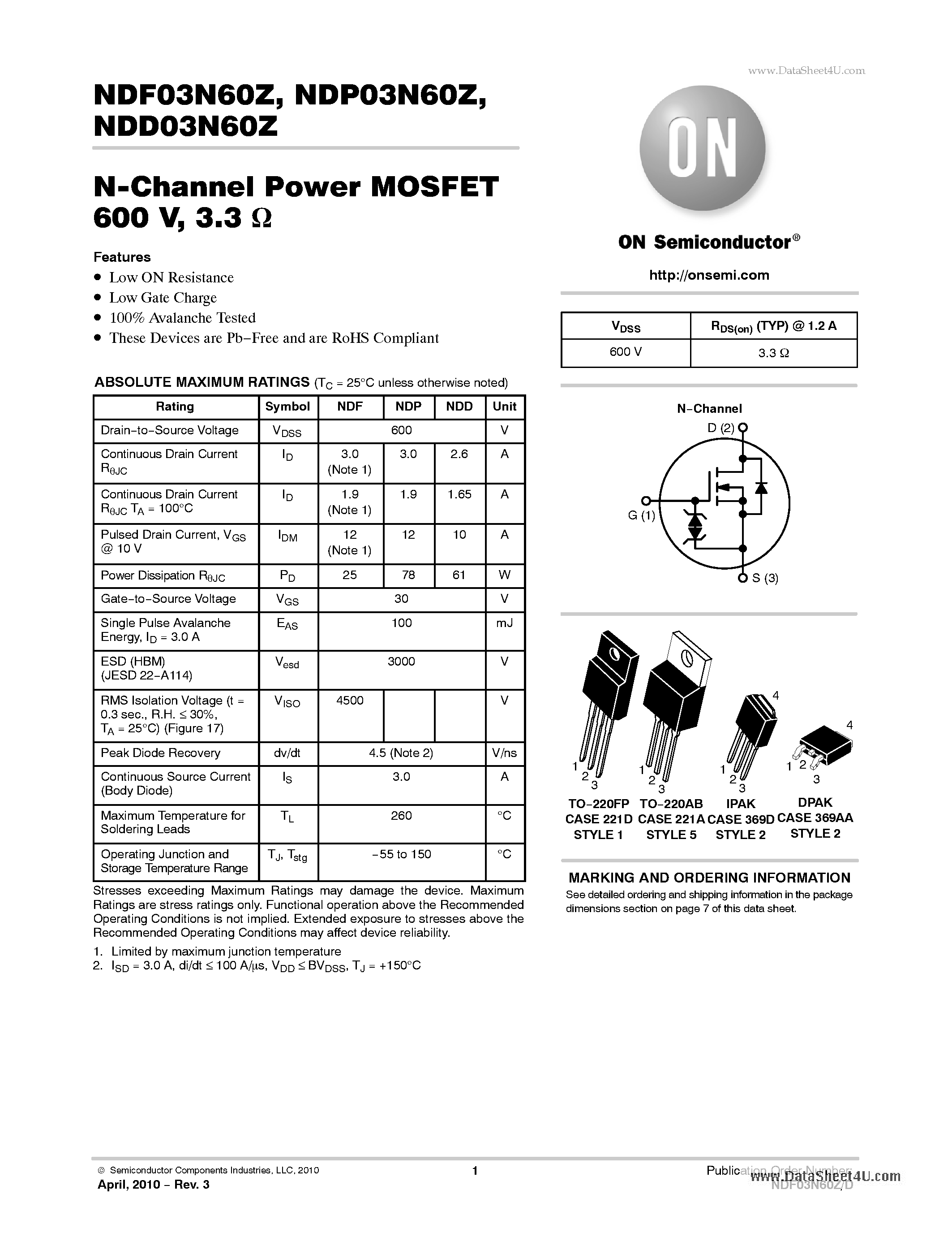 Datasheet NDD03N60Z - N-Channel Power MOSFET page 1