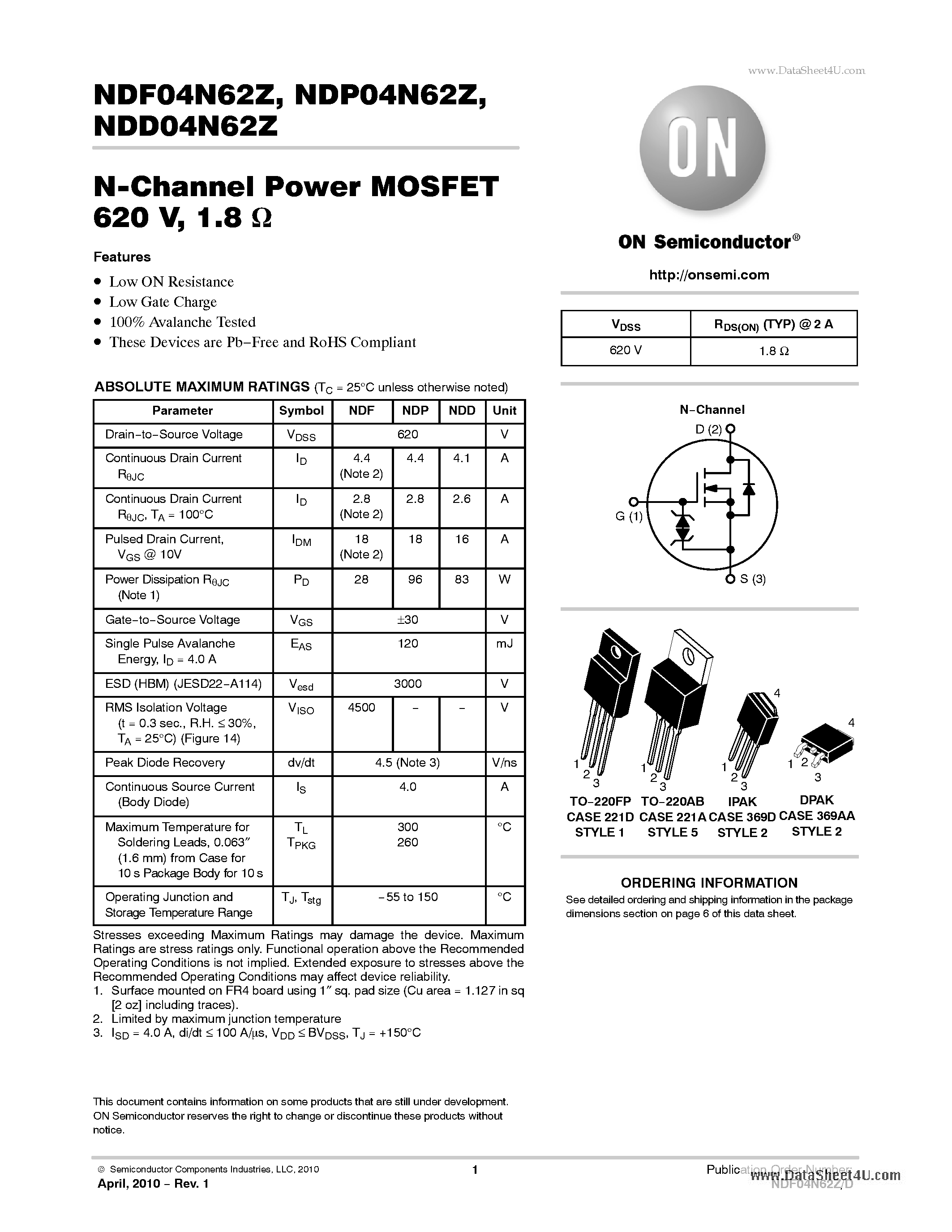 Datasheet NDF04N62Z - N-Channel Power MOSFET page 1