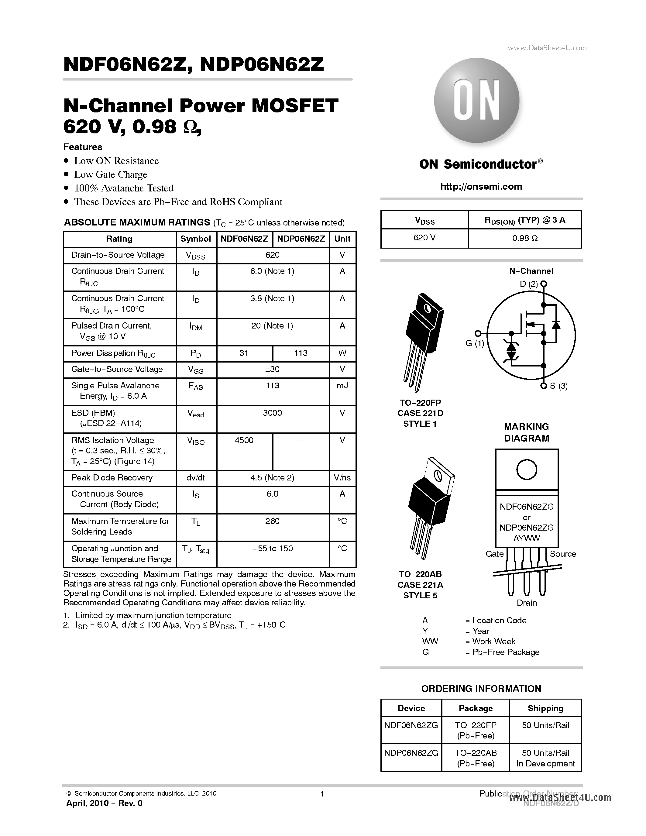 Datasheet NDF06N62Z page 1 Datasheet NDF06N62Z - N-Channel Power MOSFET page 1