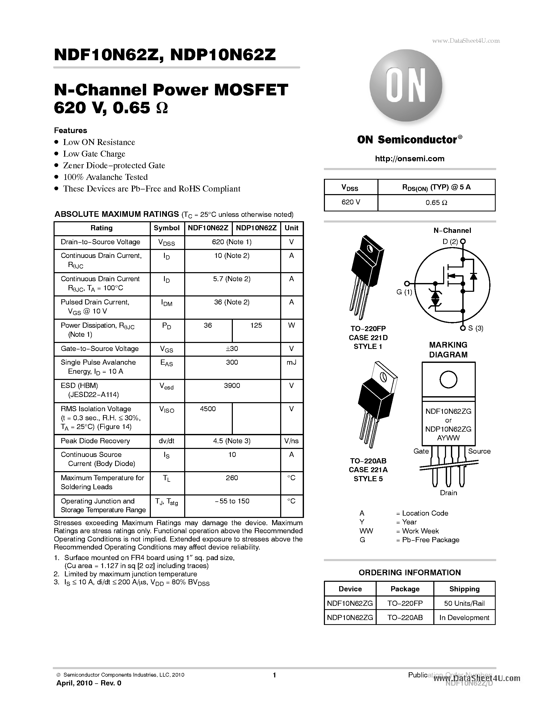 Datasheet NDP10N62Z - N-Channel Power MOSFET page 1