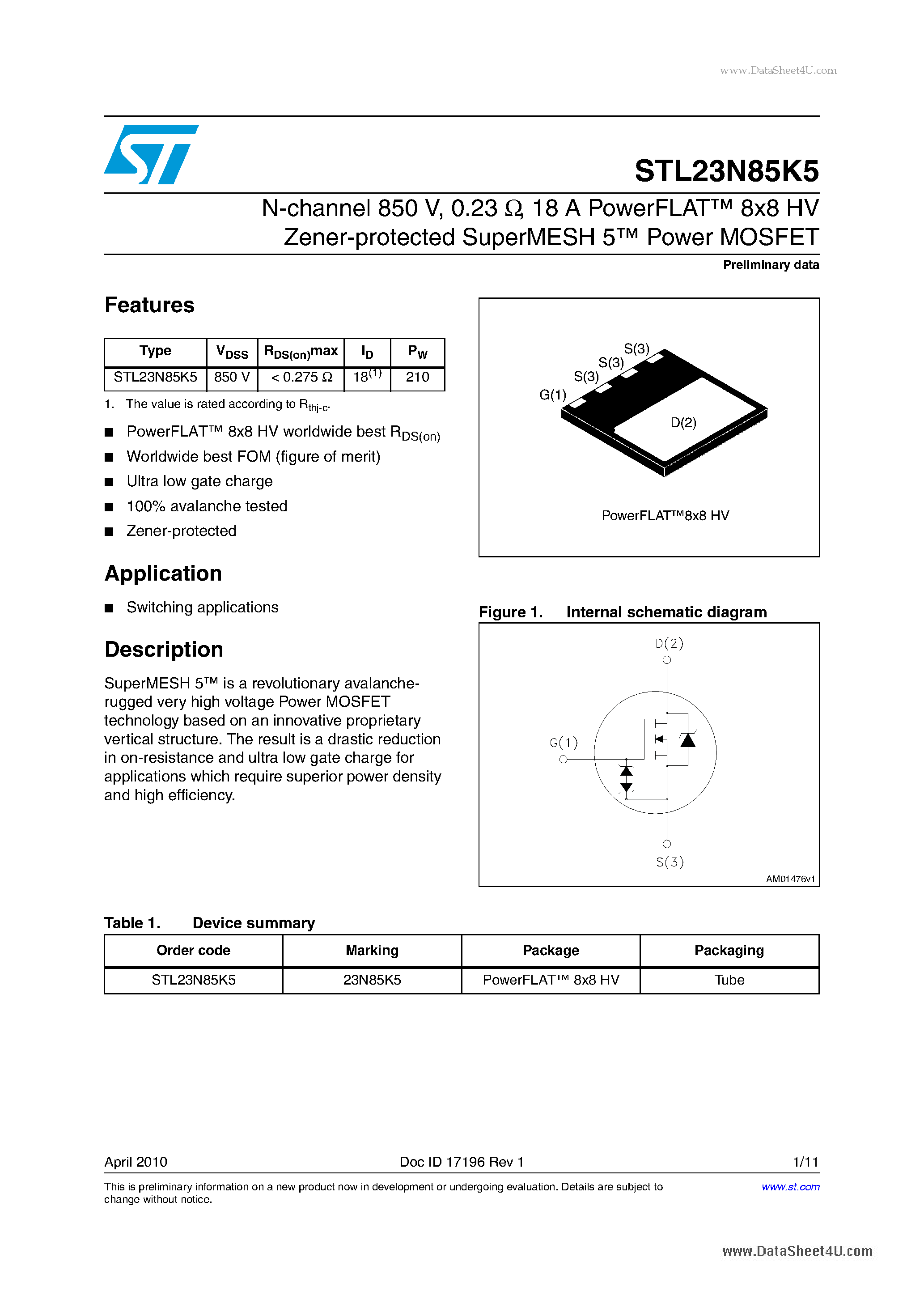 Datasheet STL23N85K5 - 18 A PowerFLAT 8x8 HV Zener-protected SuperMESH 5 Power MOSFET page 1