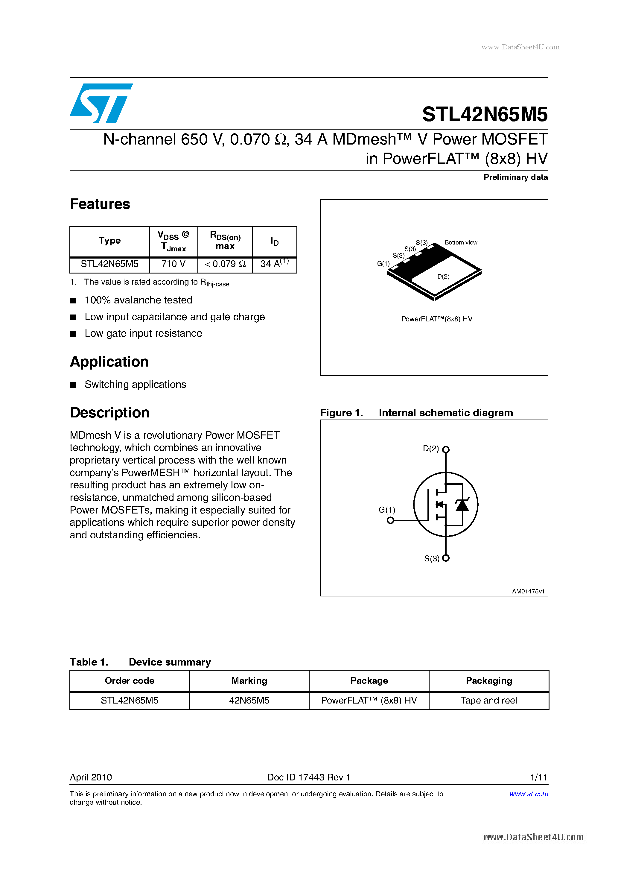 Даташит STL42N65M5 - 34 A MDmesh V Power MOSFET страница 1