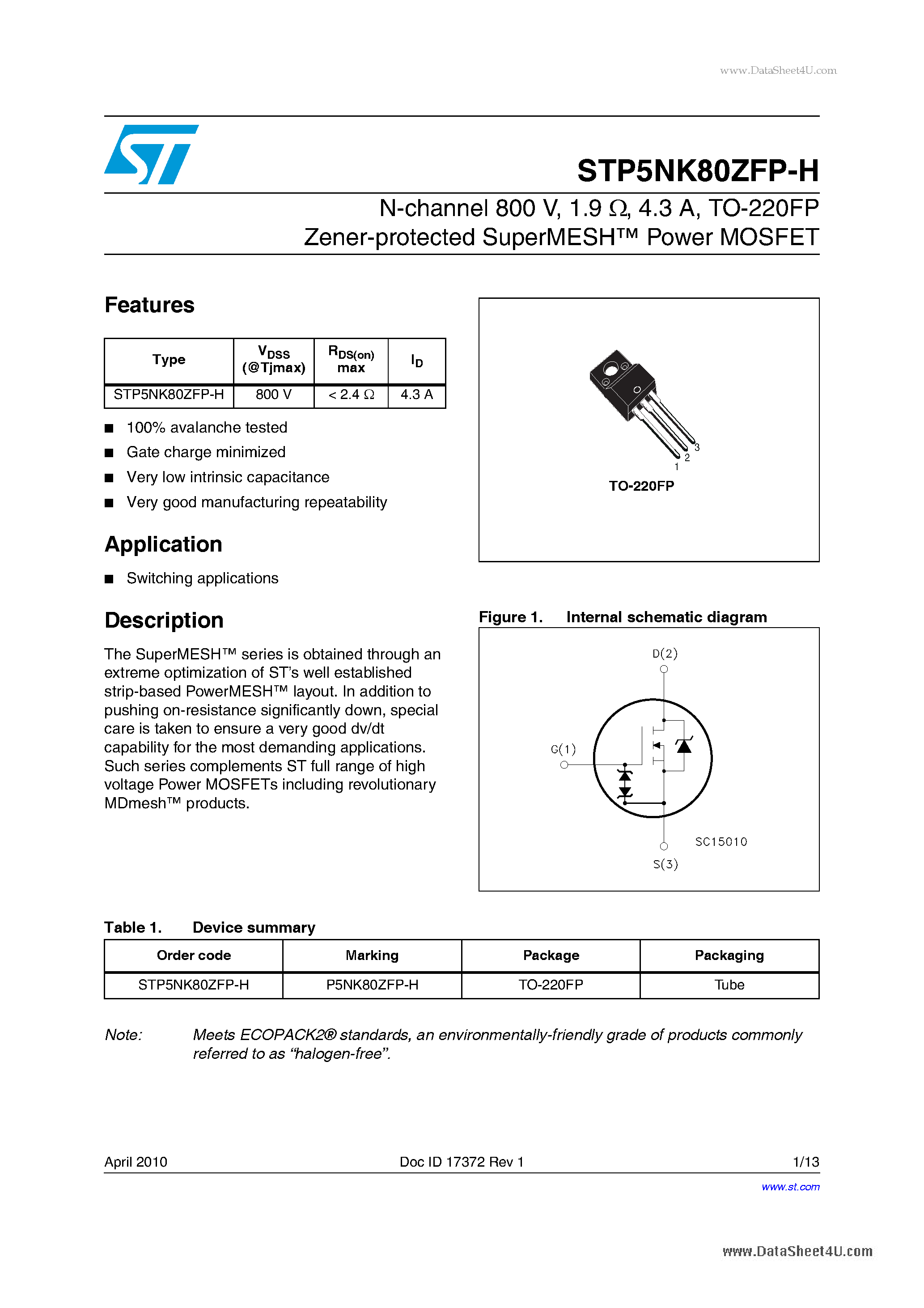 Datasheet STP5NK80ZFP-H - TO-220FP Zener-protected SuperMESH Power MOSFET page 1