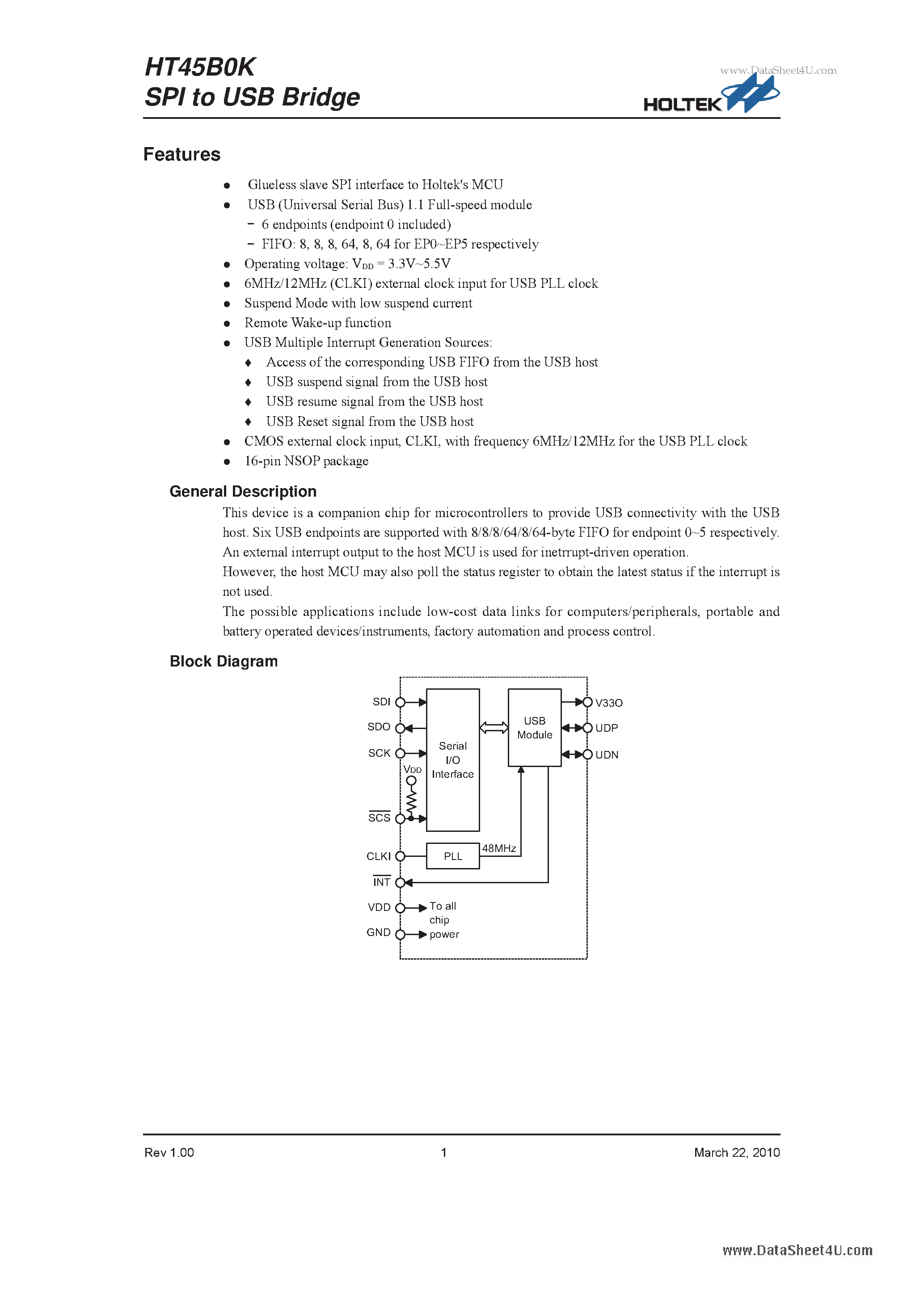 Datasheet HT45B0K - SPI to USB Bridge page 1