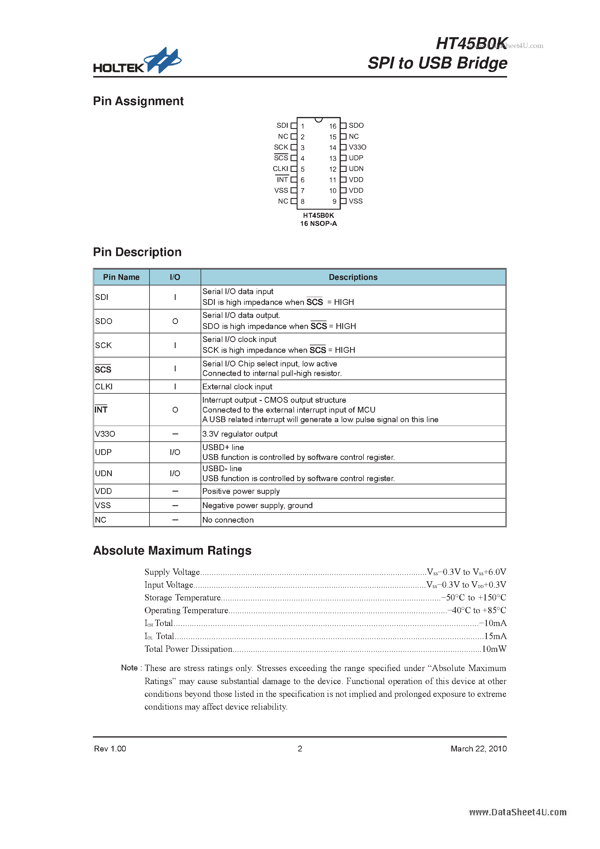 Datasheet HT45B0K - SPI to USB Bridge page 2