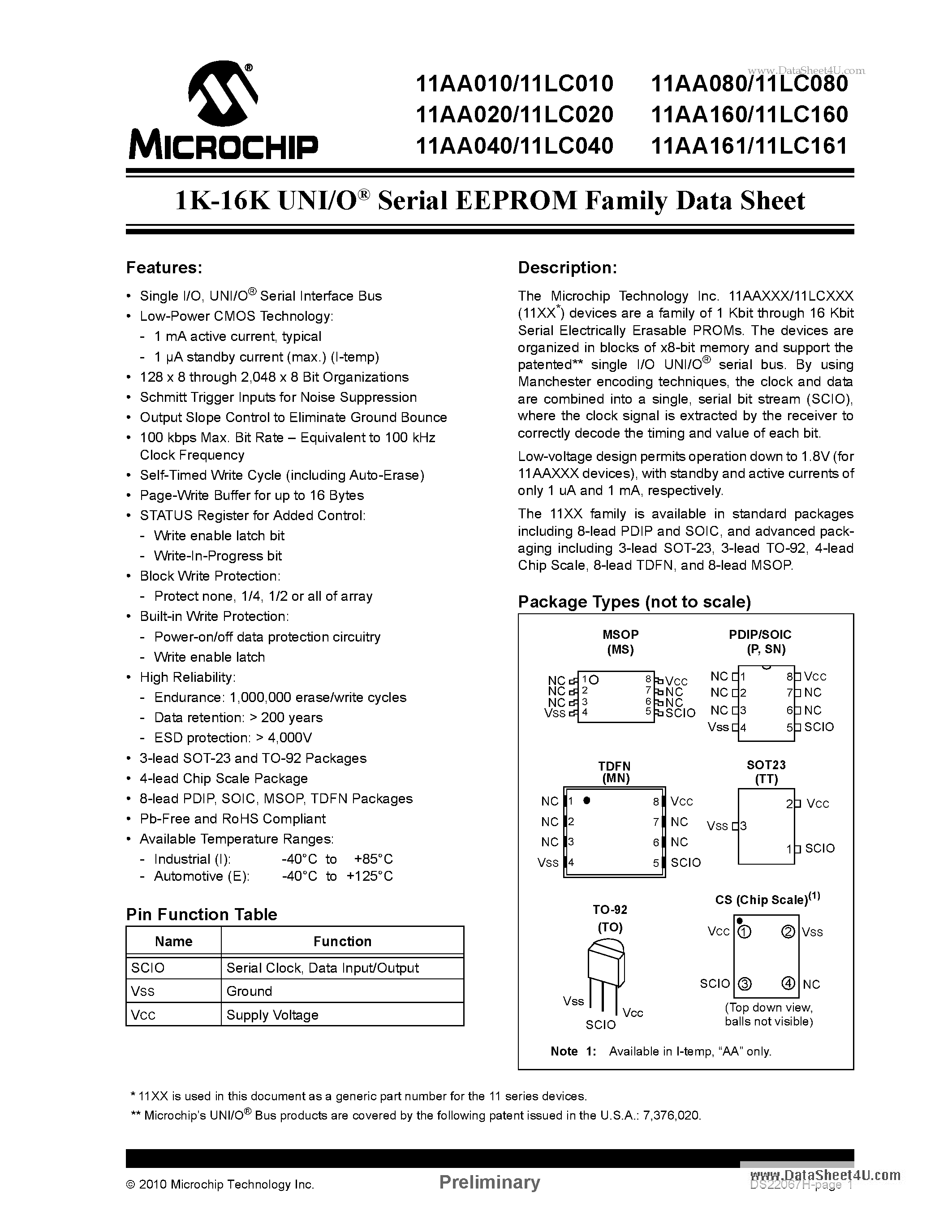 Datasheet 11AA010 - 1K-16K UNI/O Serial EEPROM Family page 1