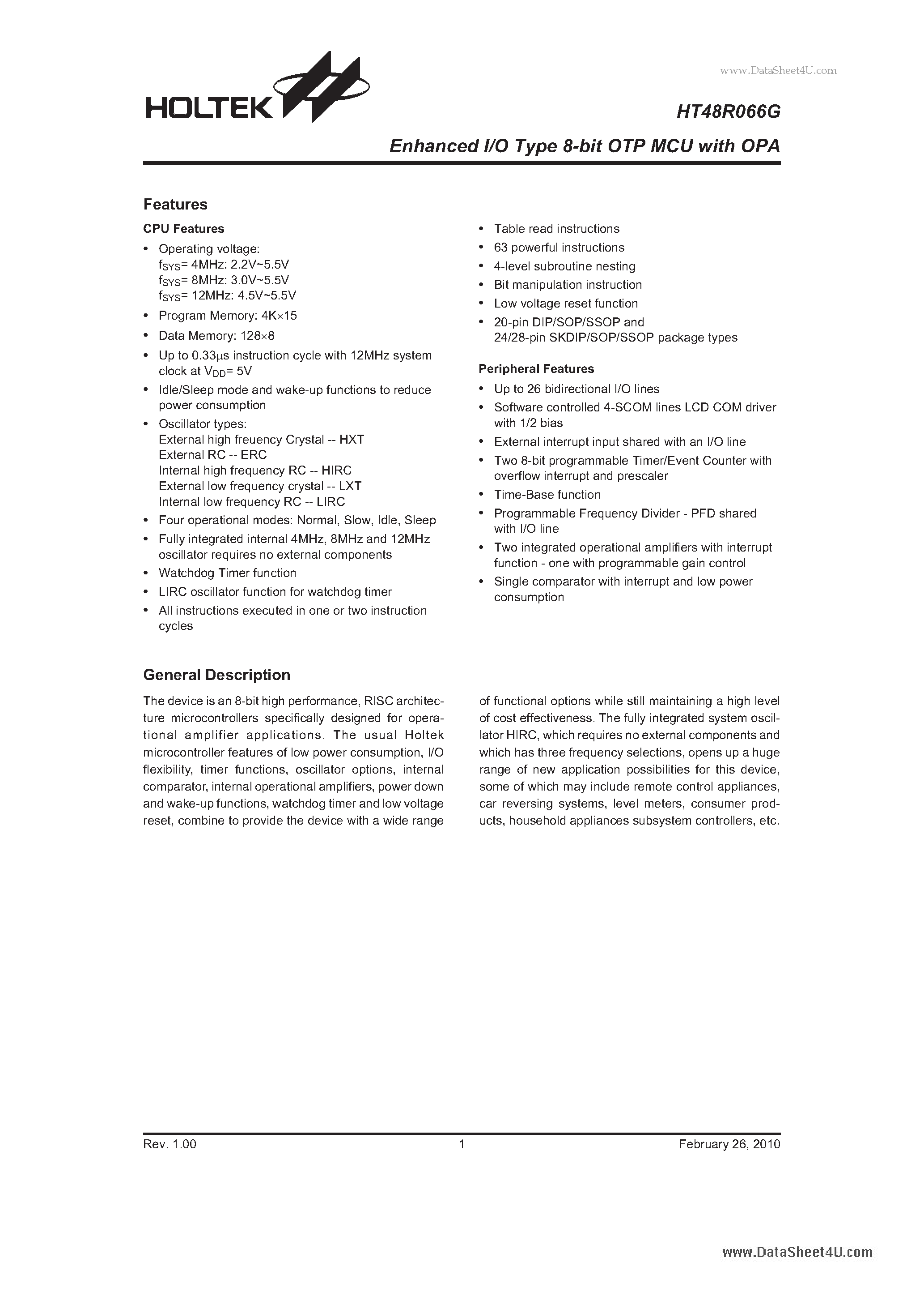Datasheet HT48R066G page 1 Datasheet HT48R066G - Enhanced I/O Type 8-bit OTP MCU page 1