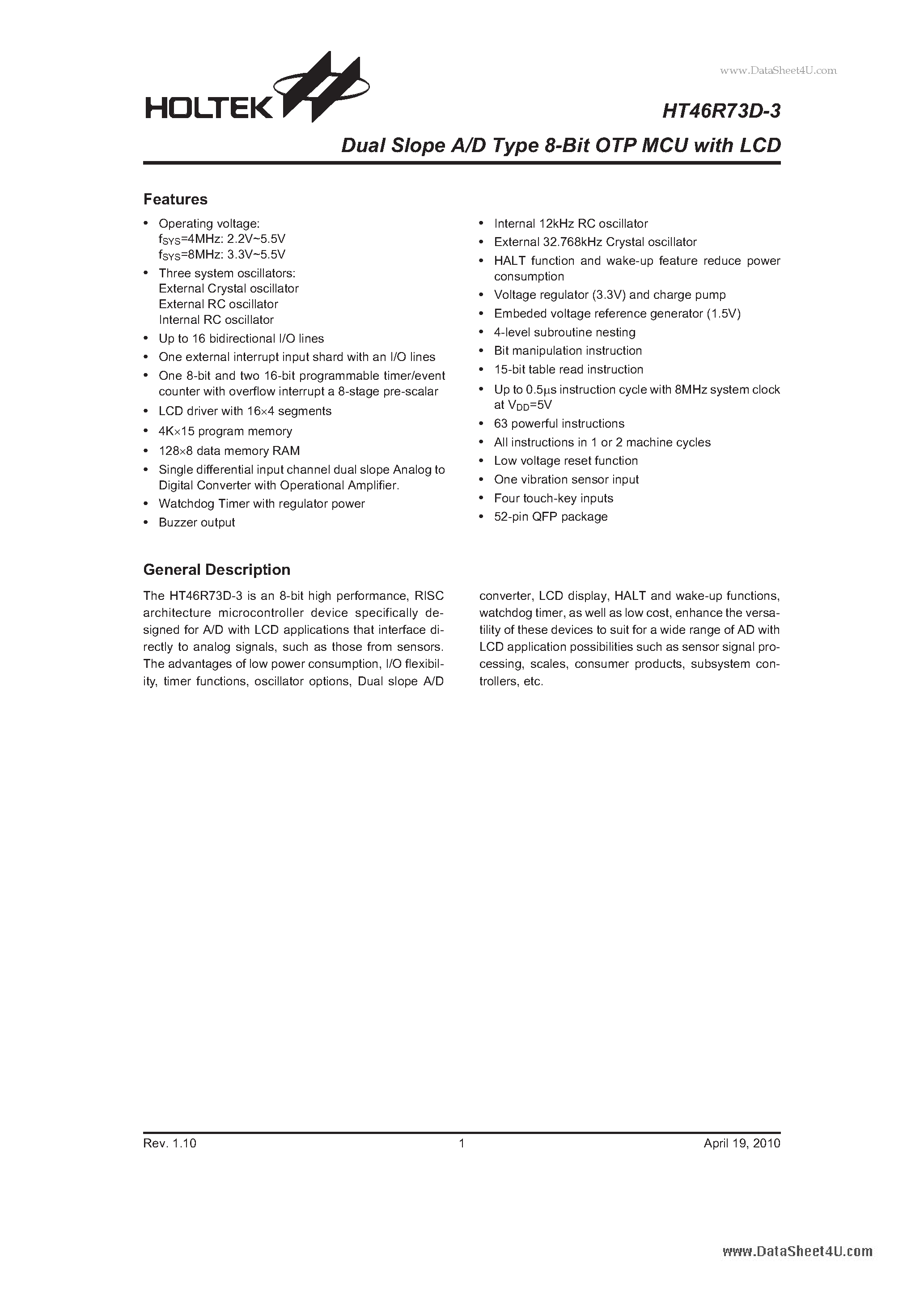 Даташит на микросхему HT46R73D-3 страница 1 Даташит HT46R73D-3 - Dual Slope A/D Type 8-Bit OTP MCU страница 1