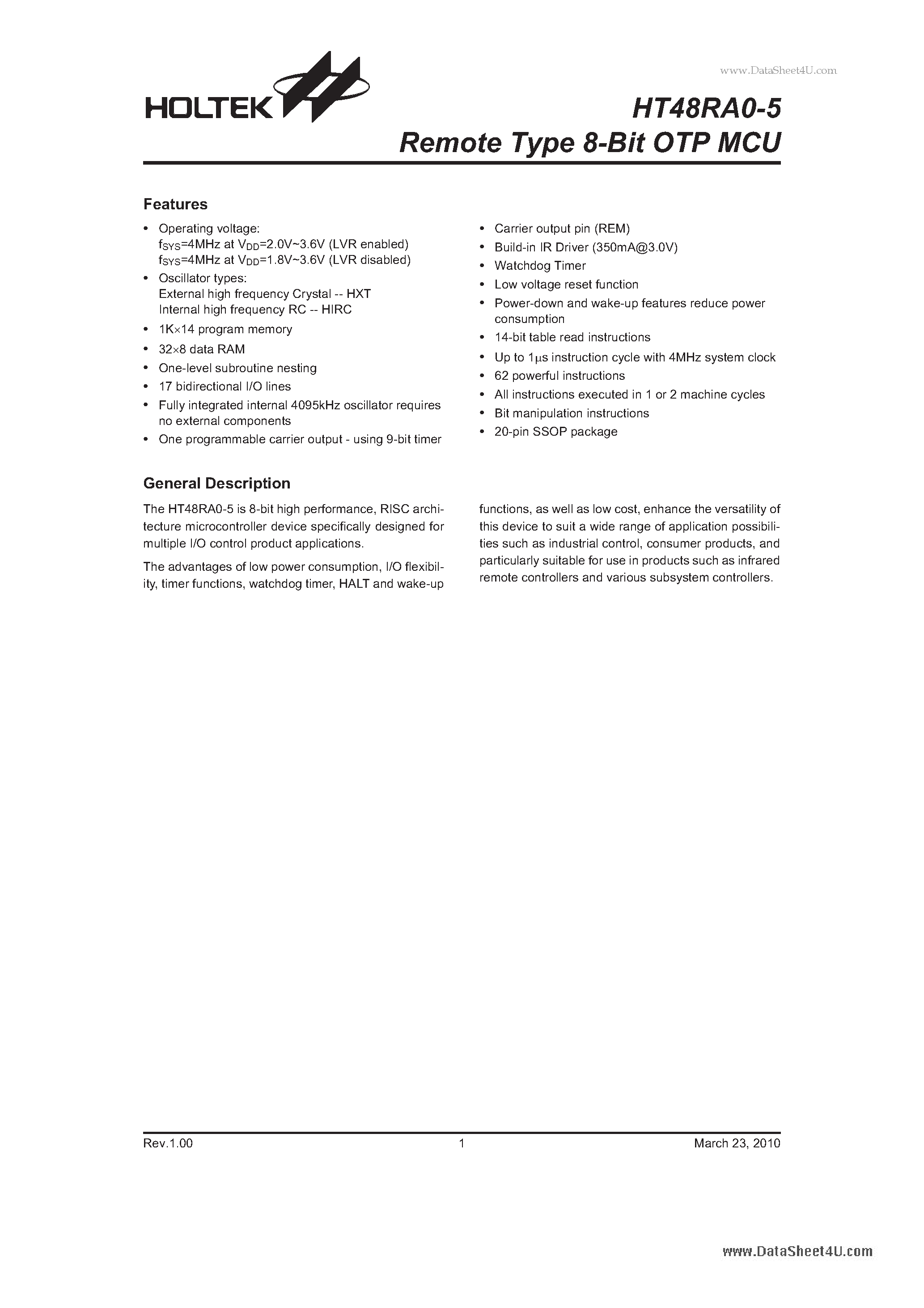 Datasheet HT48RA0-5 - Remote Type 8-Bit OTP MCU page 1