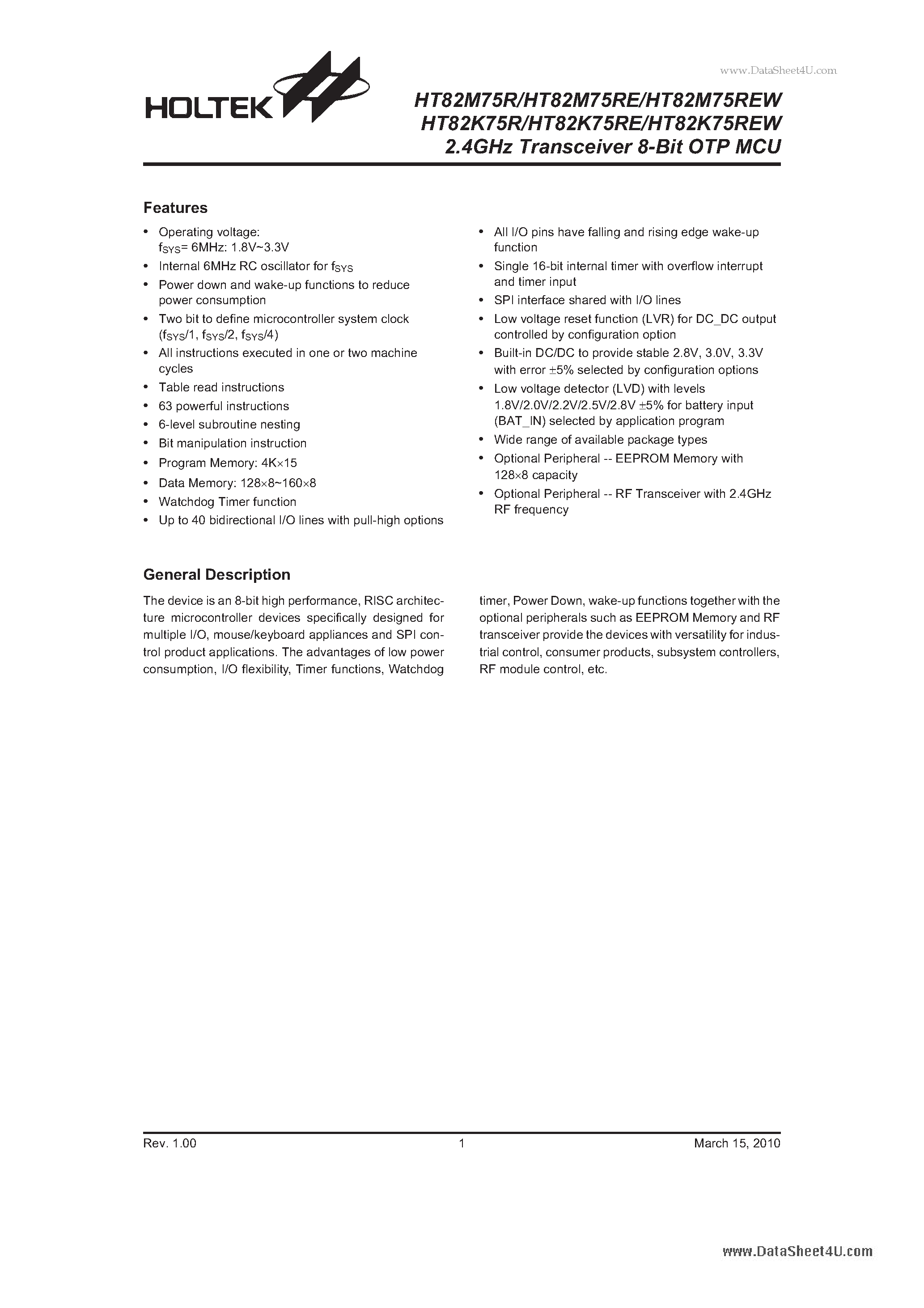 Datasheet HT82K75R - 2.4GHz Transceiver 8-Bit OTP MCU page 1