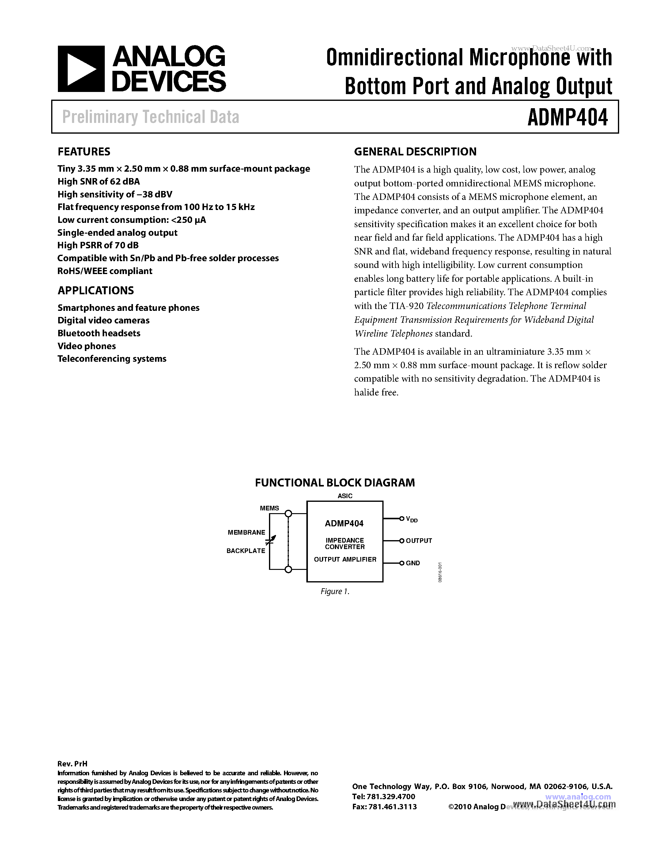 Datasheet ADMP404 - Omnidirectional Microphone page 1