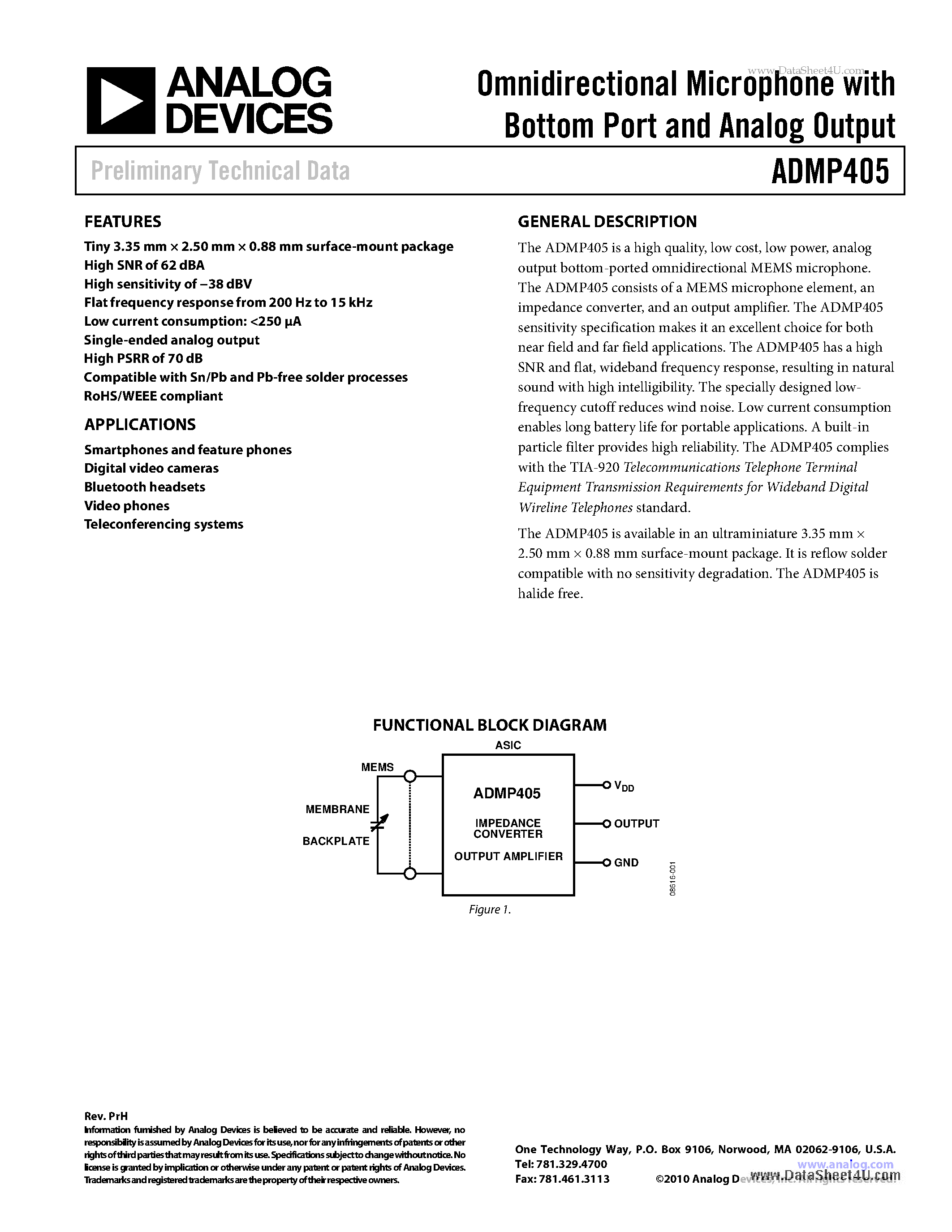 Datasheet ADMP405 page 1 Datasheet ADMP405 - Omnidirectional Microphone page 1