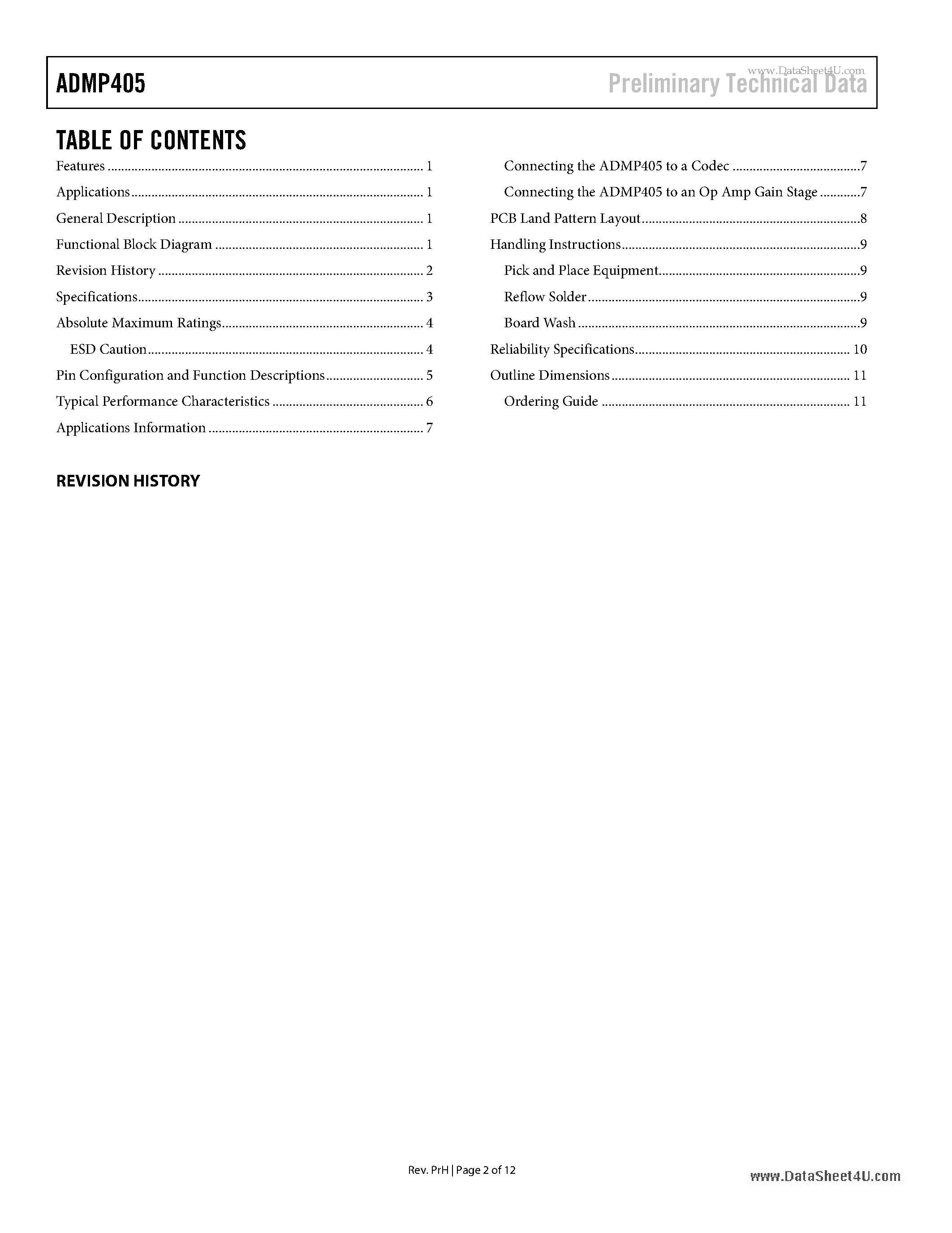 Datasheet ADMP405 page 2 Datasheet ADMP405 - Omnidirectional Microphone page 2