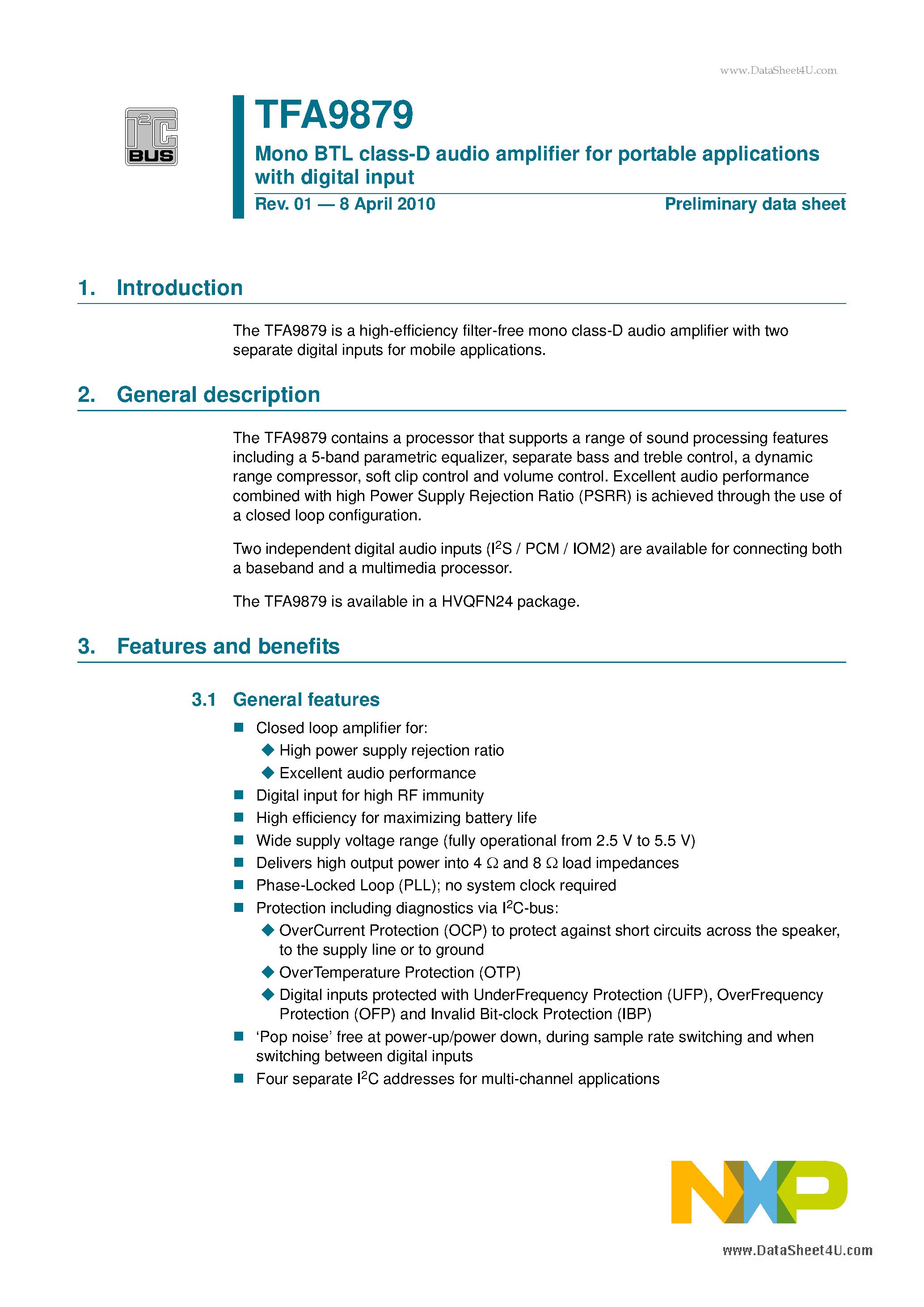 Datasheet TFA9879 page 1 Datasheet TFA9879 - Mono BTL class-D audio amplifier for portable applications page 1