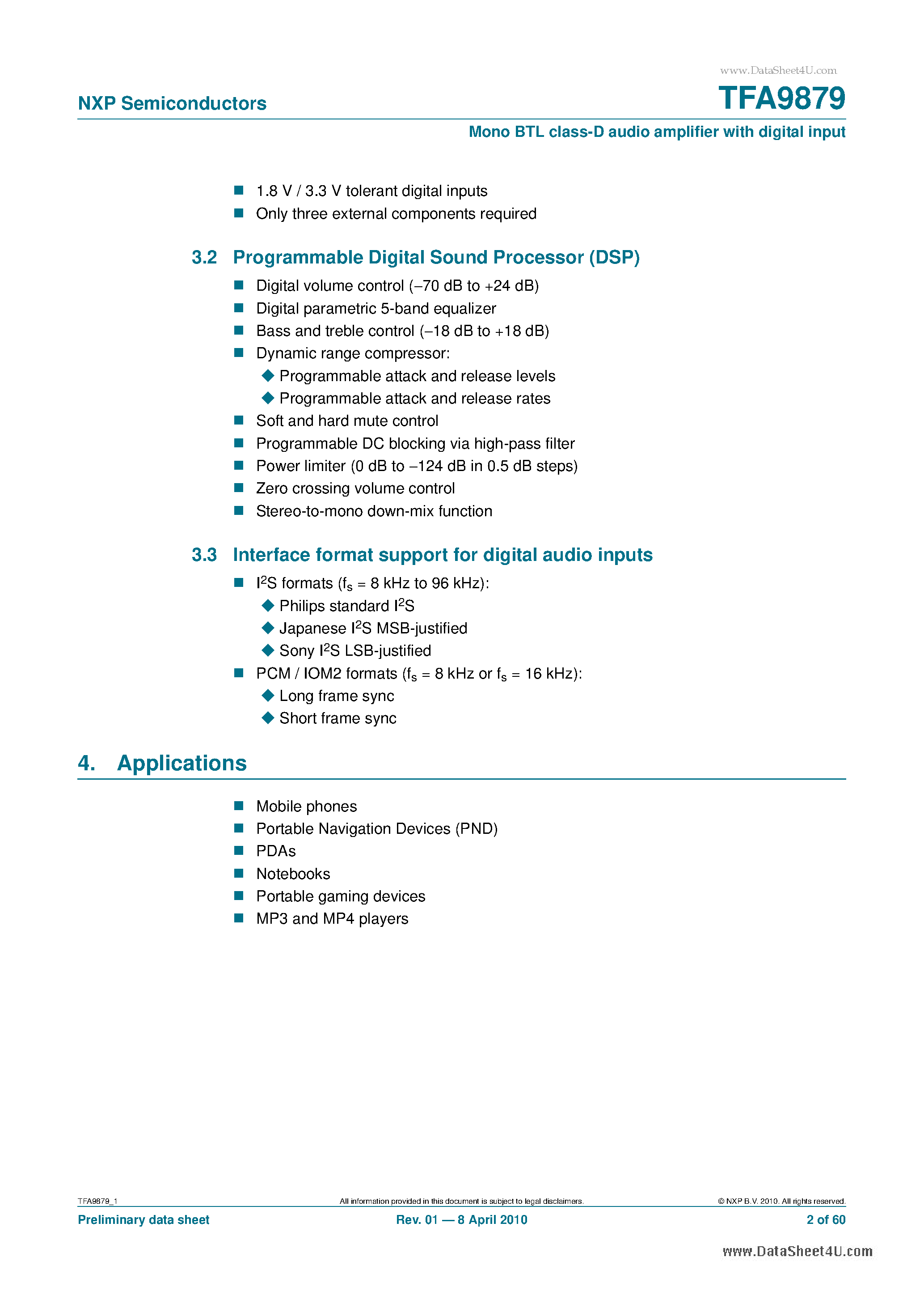 Datasheet TFA9879 page 2 Datasheet TFA9879 - Mono BTL class-D audio amplifier for portable applications page 2