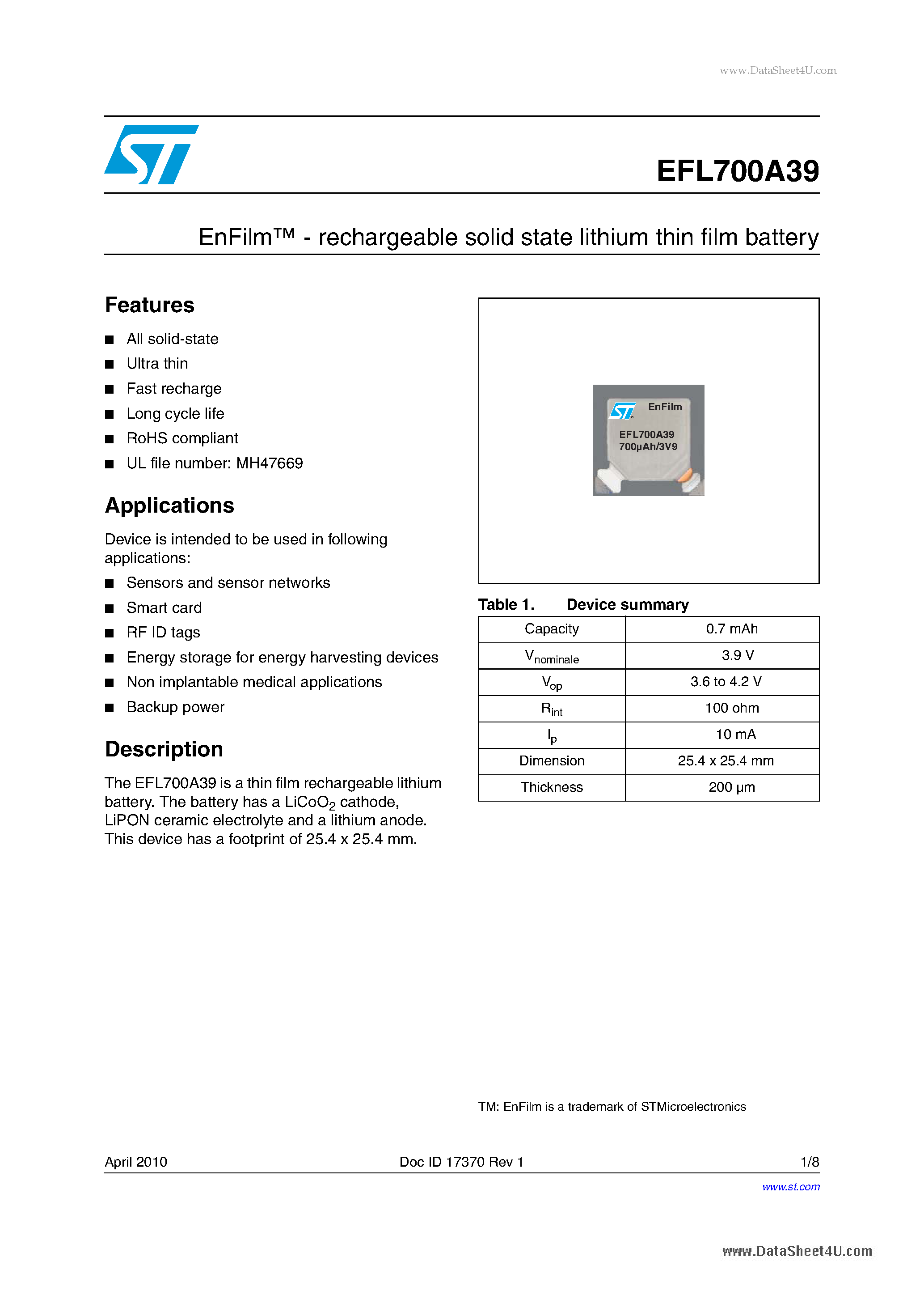 Datasheet EFL700A39 - EnFilm - rechargeable solid state lithium thin film battery page 1