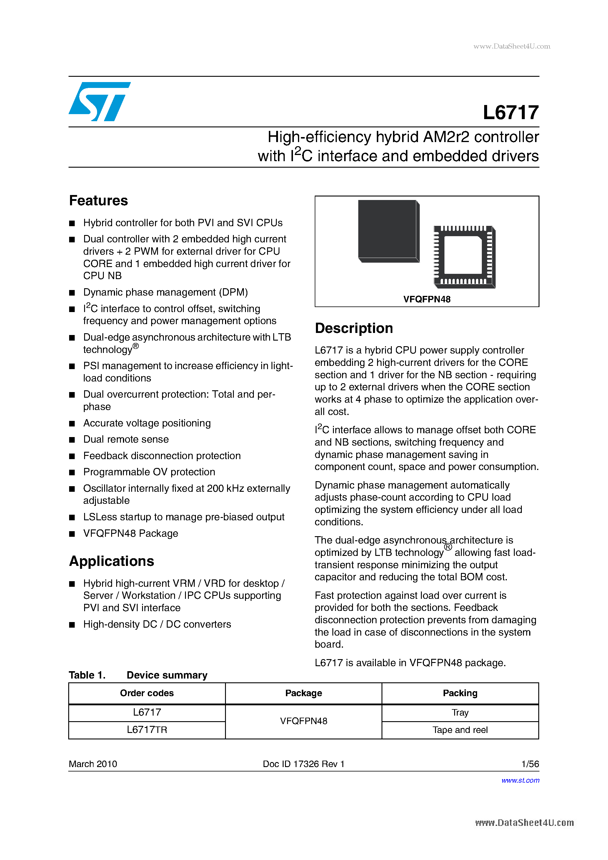 Даташит на микросхему L6717 страница 1 Даташит L6717 - High-efficiency hybrid AM2r2 controller страница 1