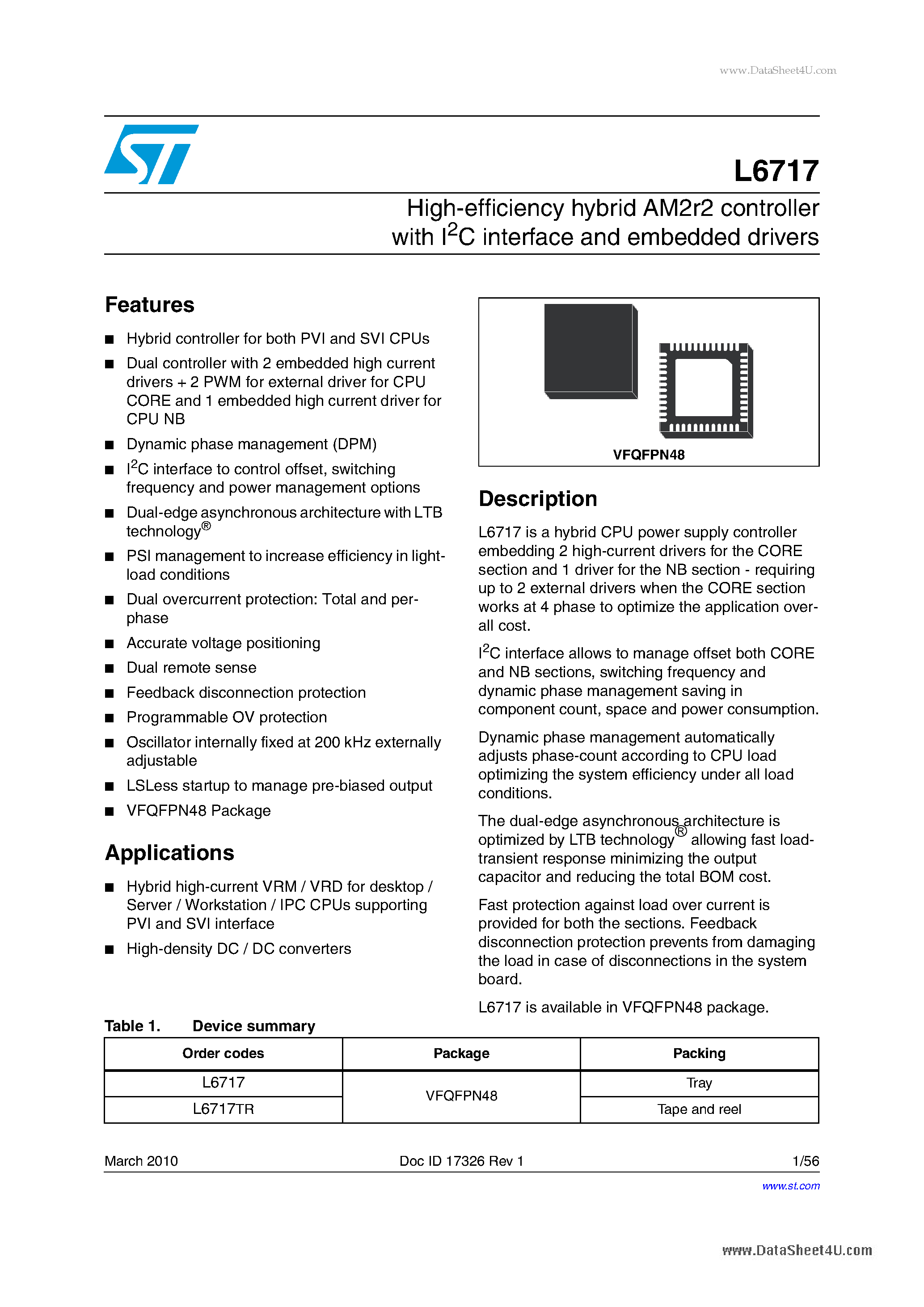 Datasheet L6717 - High-efficiency hybrid AM2r2 controller page 1