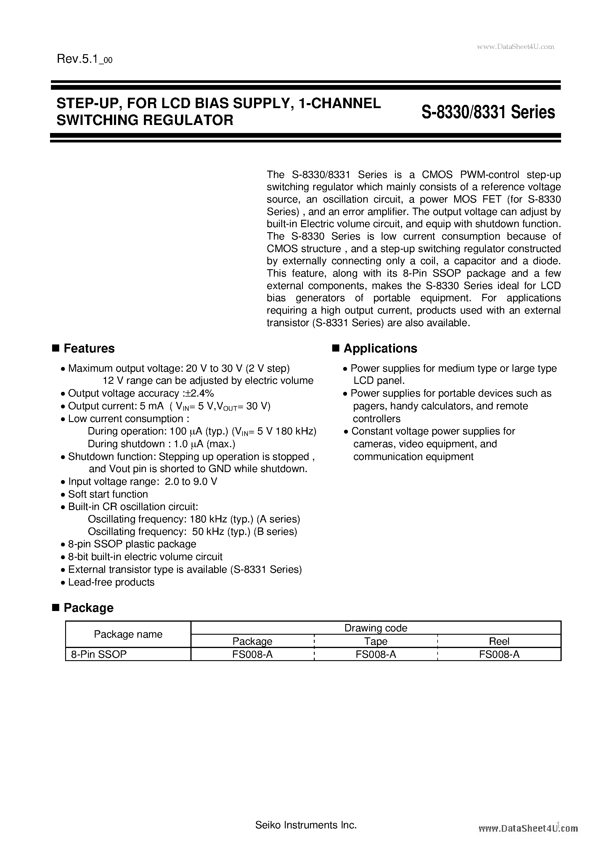 Datasheet S-8330 page 1 Datasheet S-8330 - Step-Up Switching Regulator (DC/DC Converter ICs) page 1