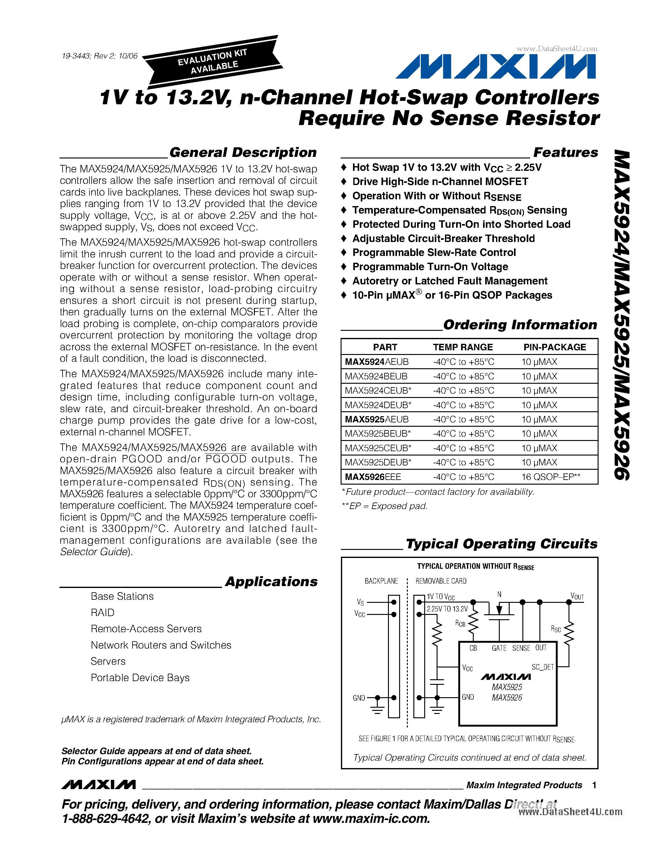 Datasheet MAX5924 - N-channel Hot-swap Controllers Require No Sense Resistor page 1