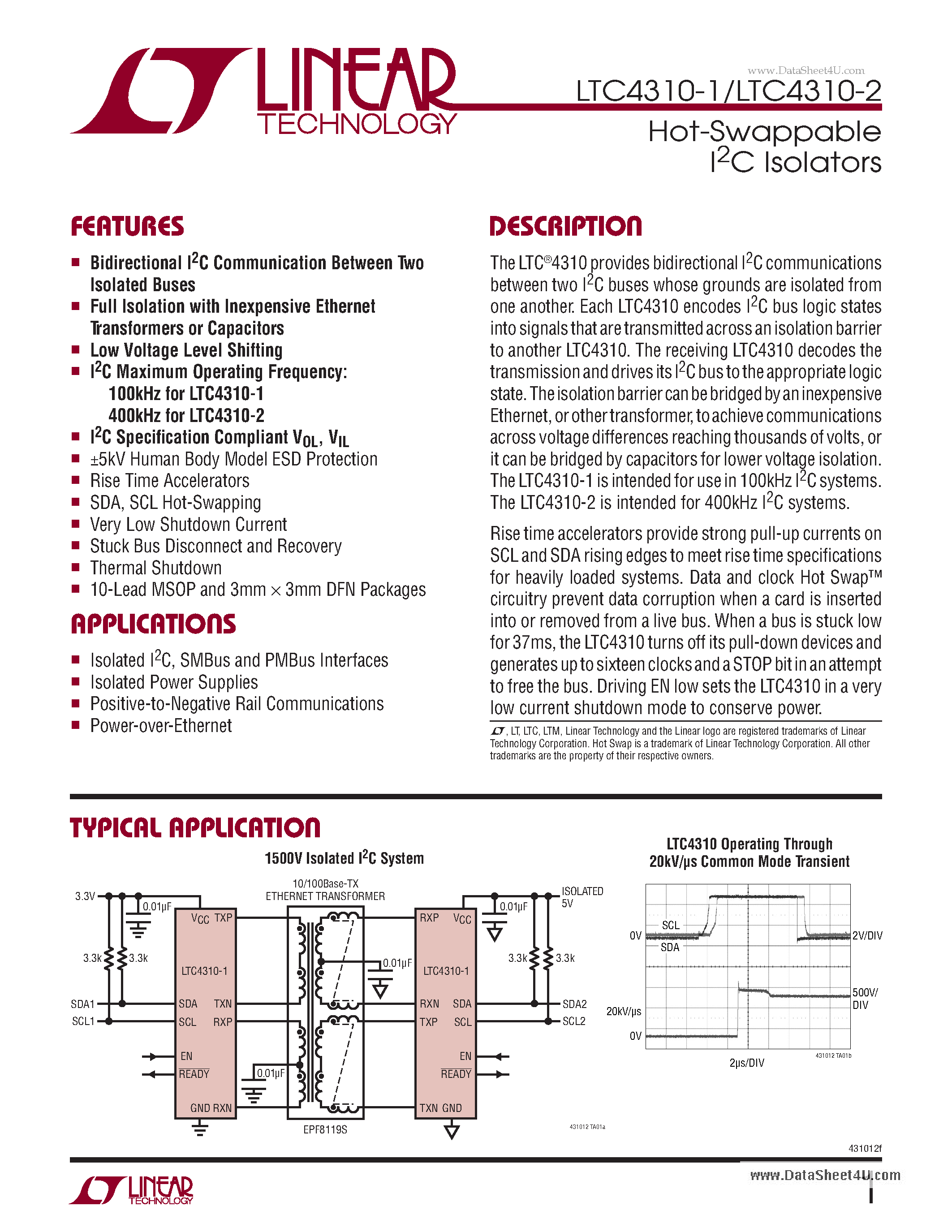 Datasheet LTC4310-1 - Hot-Swappable I2C Isolators page 1