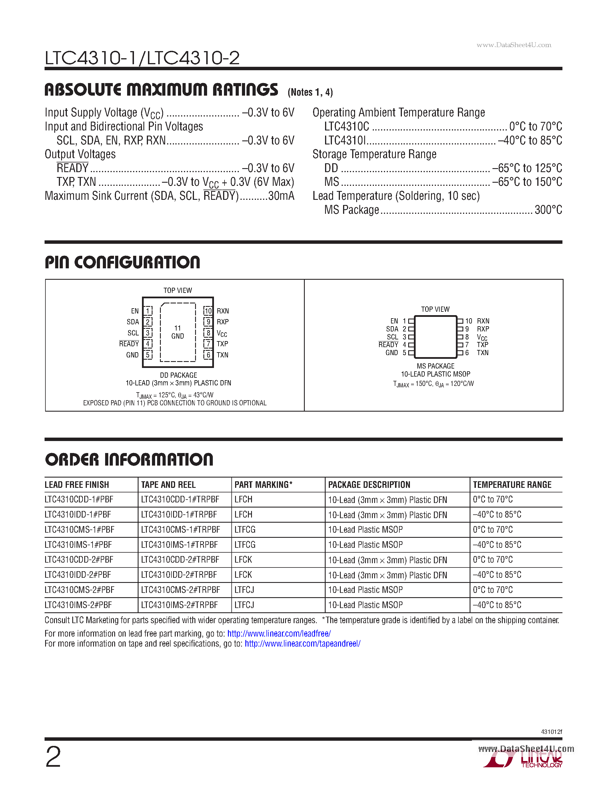Datasheet LTC4310-1 - Hot-Swappable I2C Isolators page 2