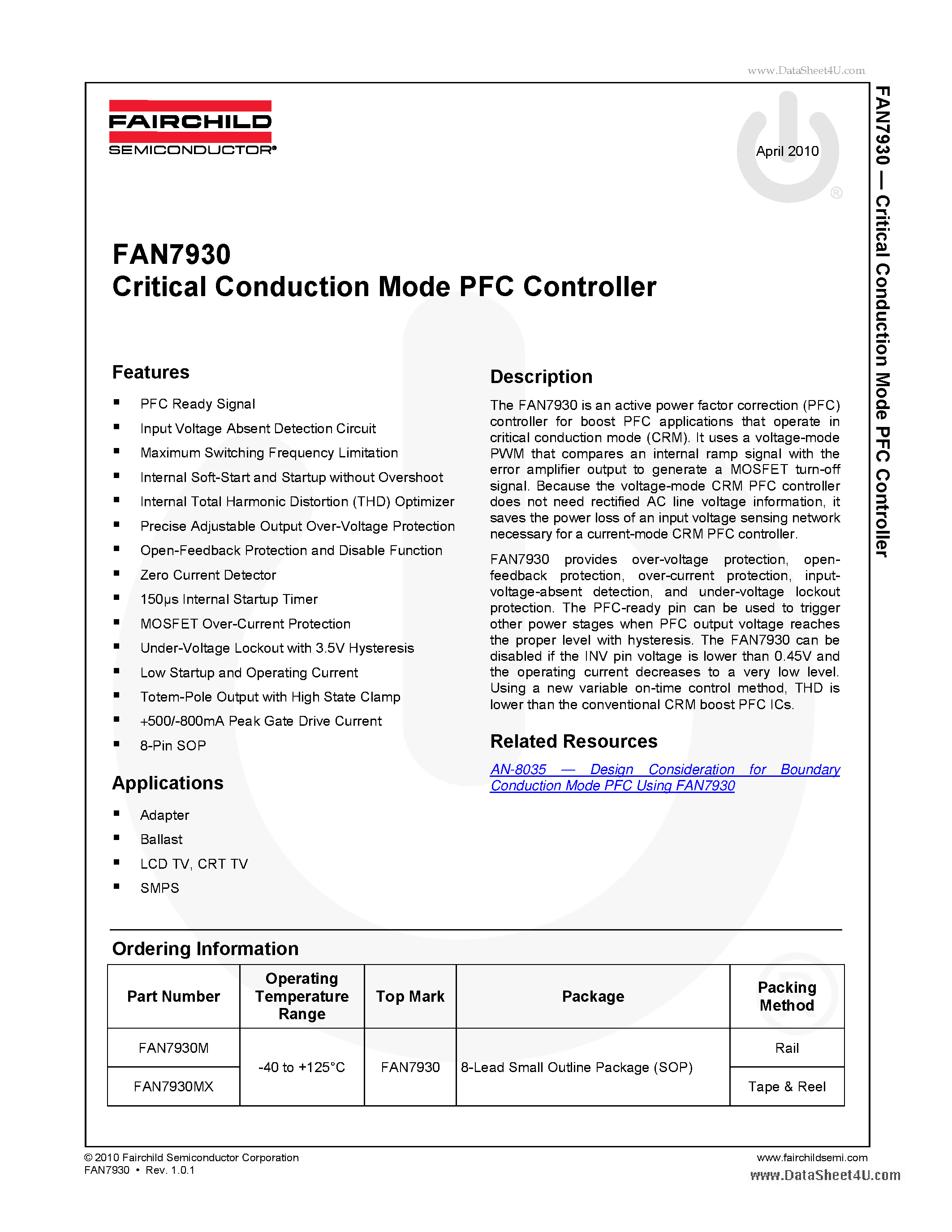 Даташит на микросхему FAN7930 страница 1 Даташит FAN7930 - Critical Conduction Mode PFC Controller страница 1