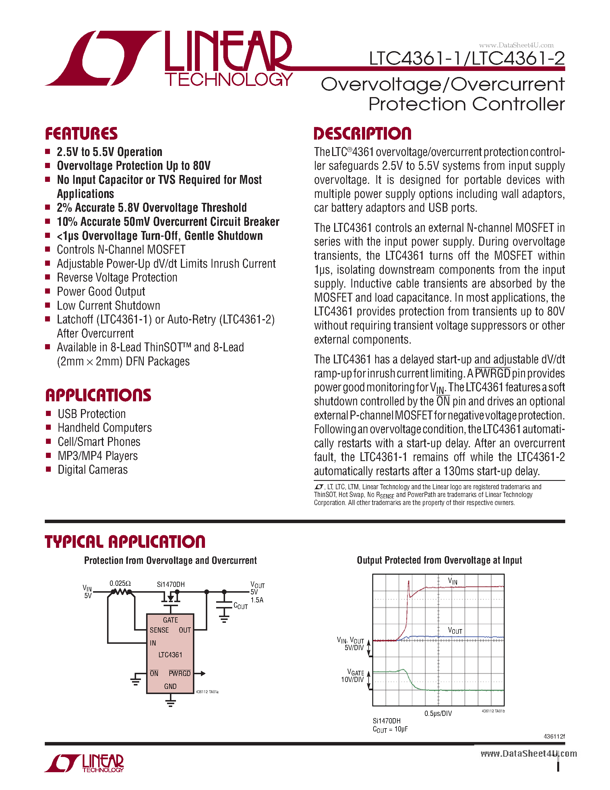 Datasheet LTC4361-1 page 1 Datasheet LTC4361-1 - Overvoltage/Overcurrent Protection Controller page 1