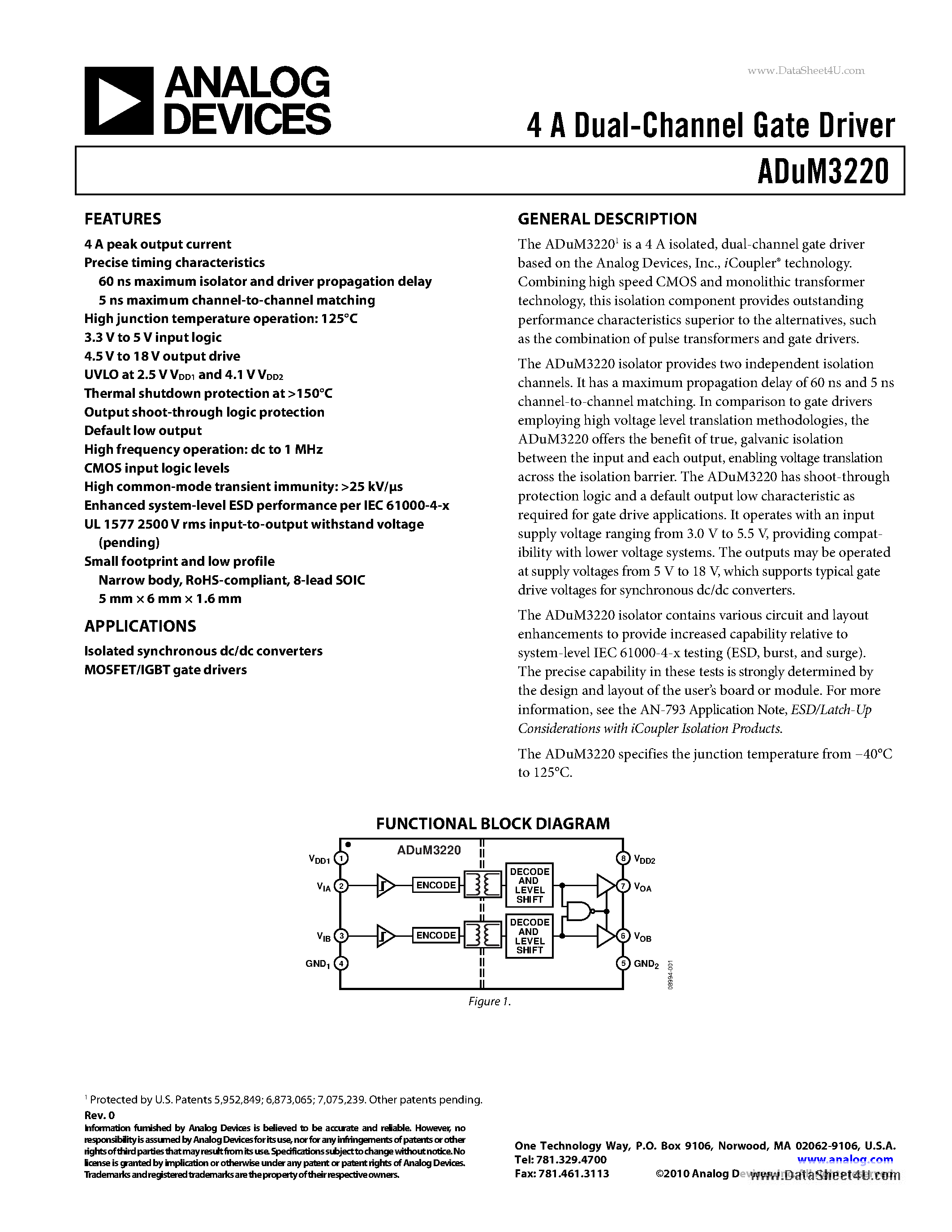 Datasheet ADUM3220 - 4 A Dual-Channel Gate Driver page 1