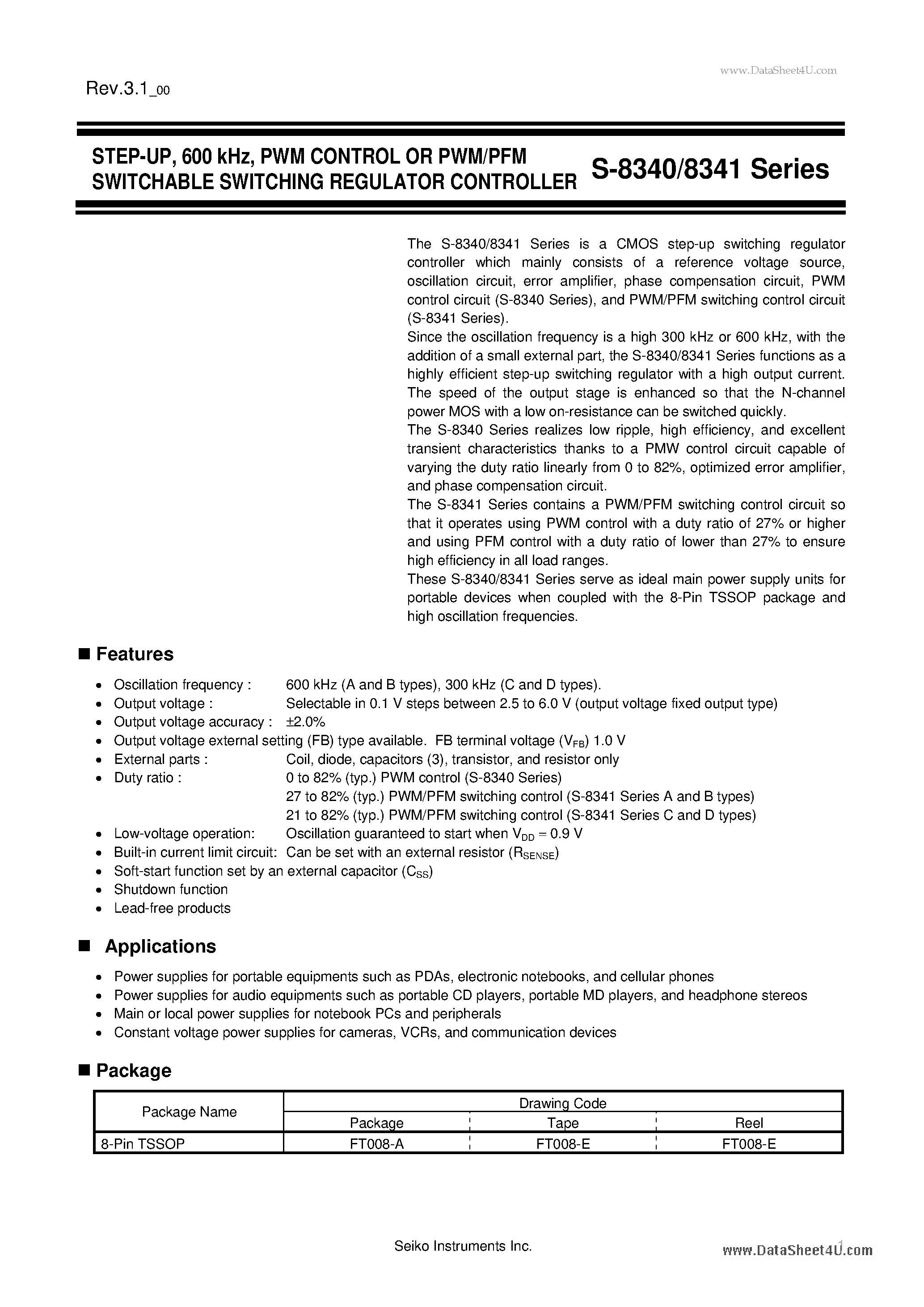 Datasheet S-8340 page 1 Datasheet S-8340 - PWM CONTROL OR PWM/PFM SWITCHABLE SWITCHING REGULATOR CONTROLLER page 1