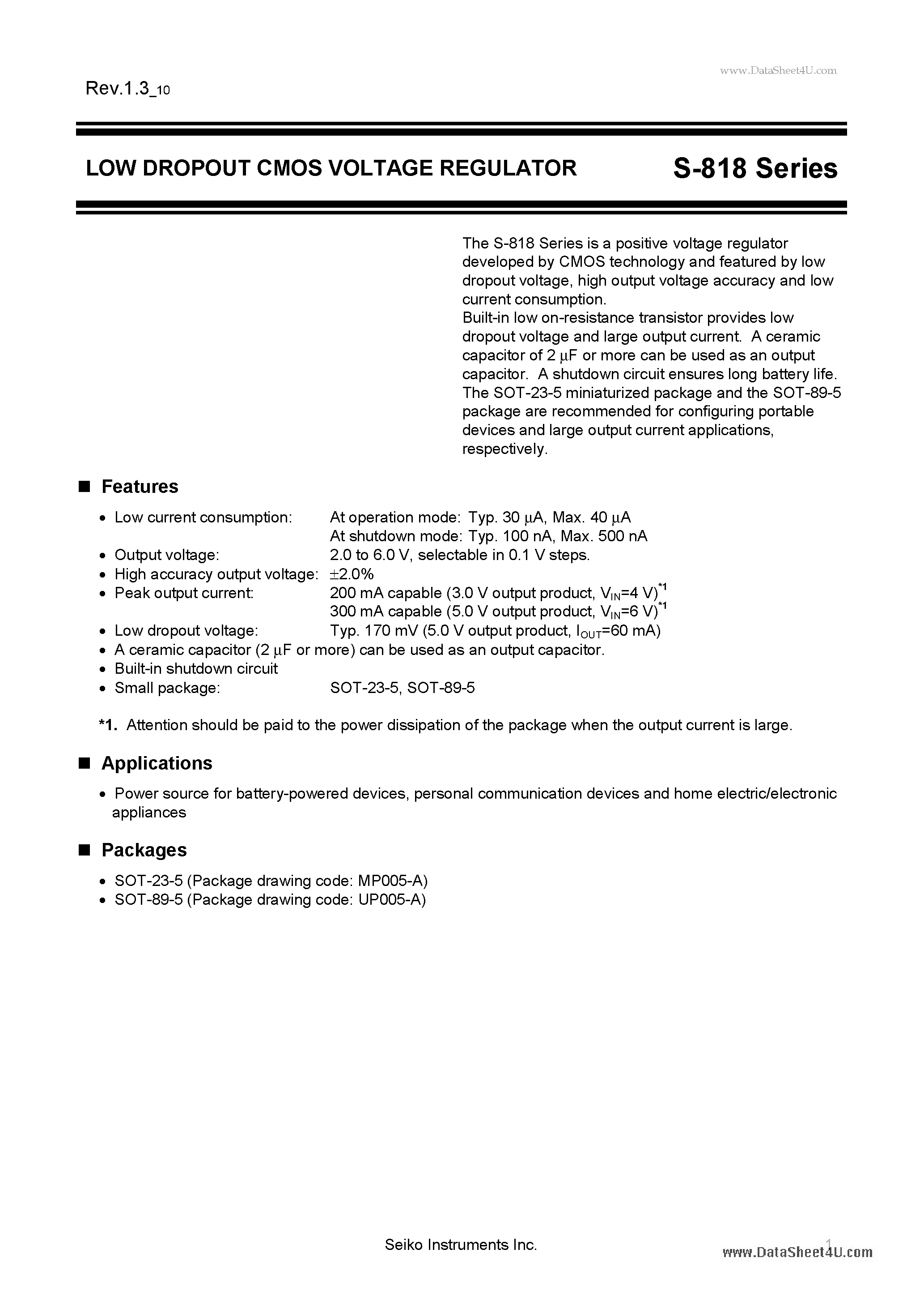 Datasheet S-818 page 1 Datasheet S-818 - LOW DROPOUT CMOS VOLTAGE REGULATOR page 1