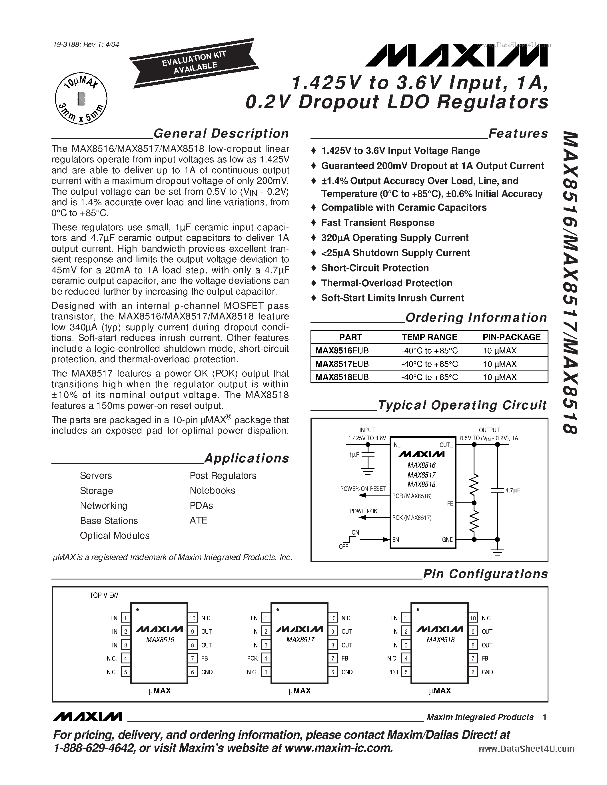 Datasheet MAX8516 - 1A 0.2V Dropout LDO Regulators page 1