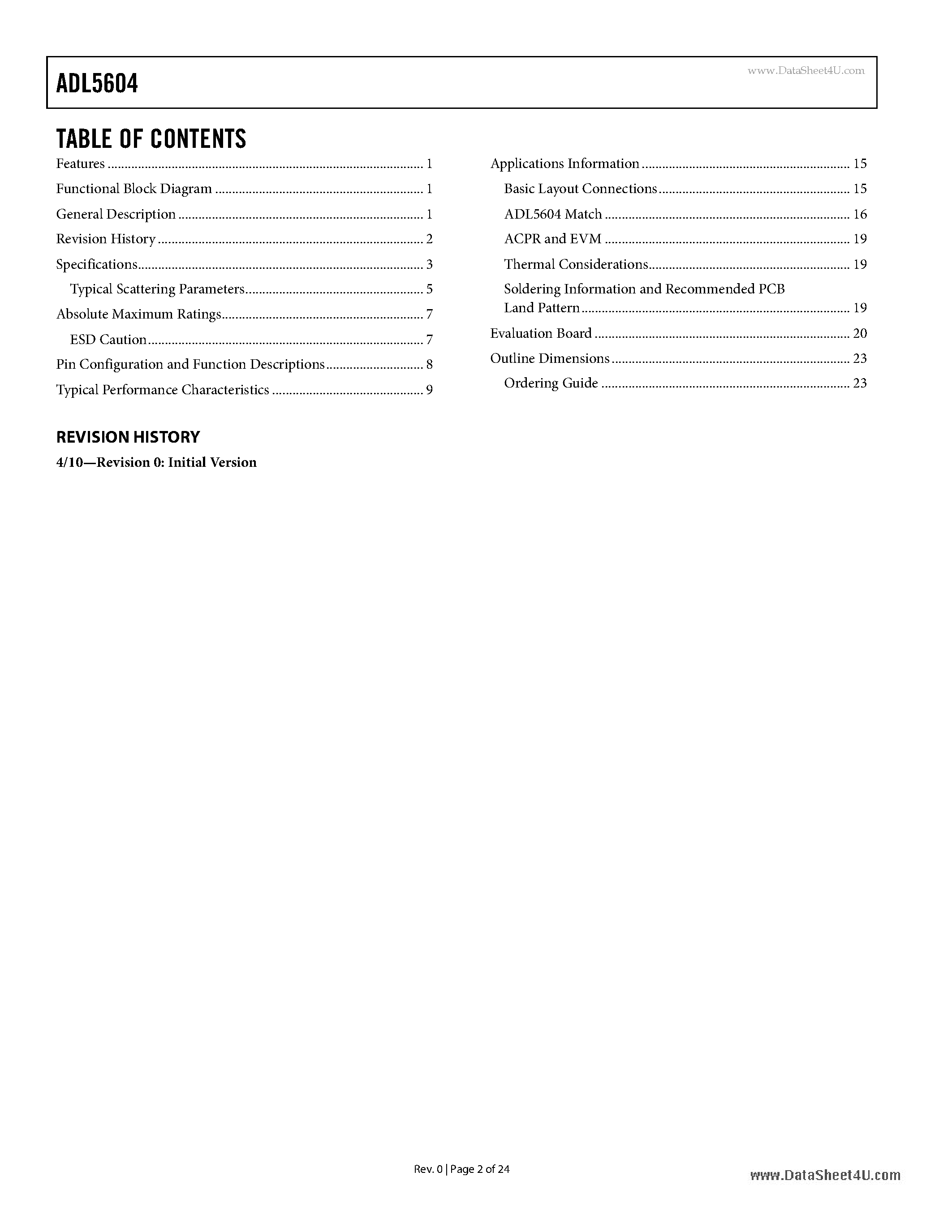 Datasheet ADL5604 - 700 MHz To 2700 MHz 1 W RF Driver Amplifier page 2