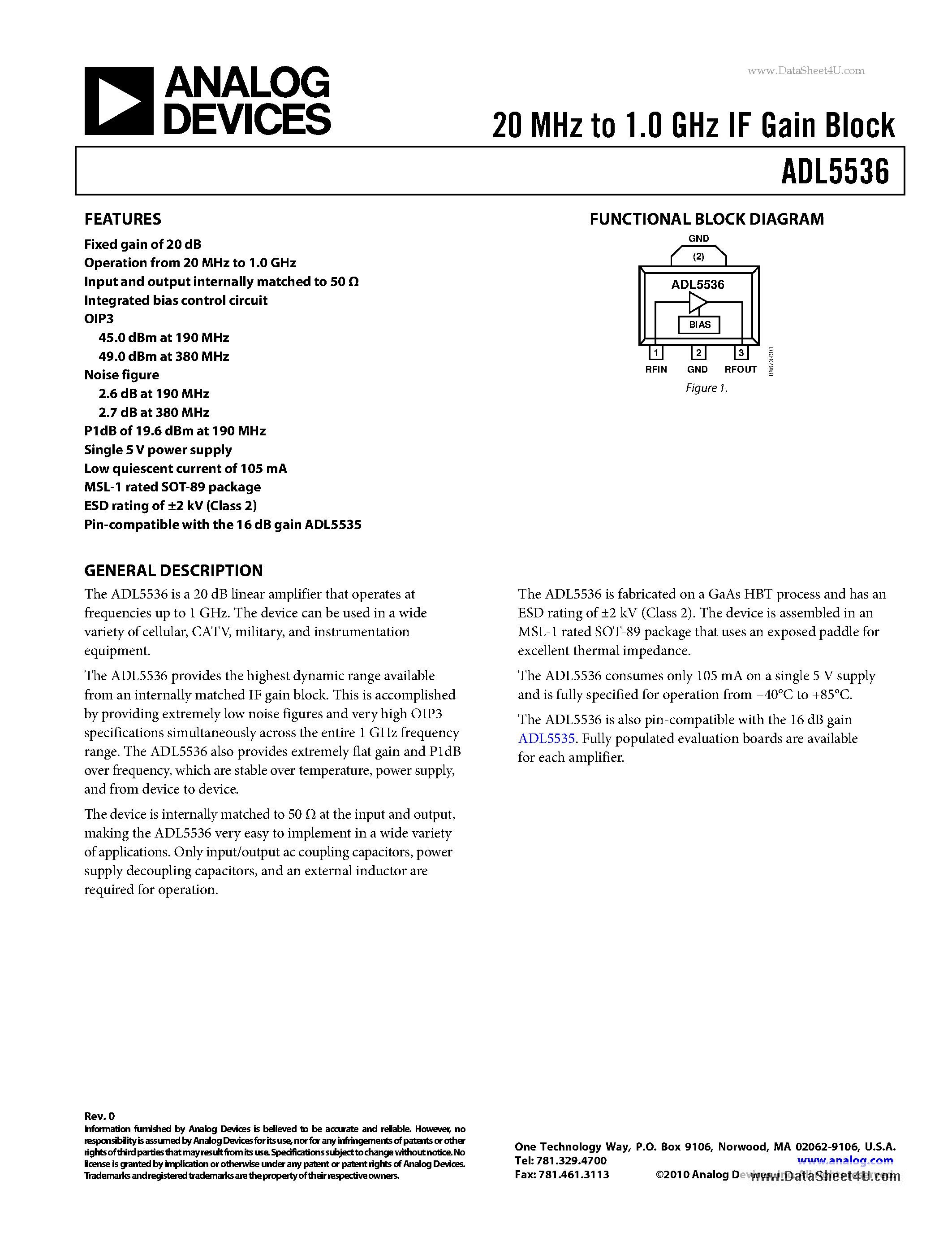 Datasheet ADL5536 - 20 MHz To 1.0 GHz IF Gain Block page 1