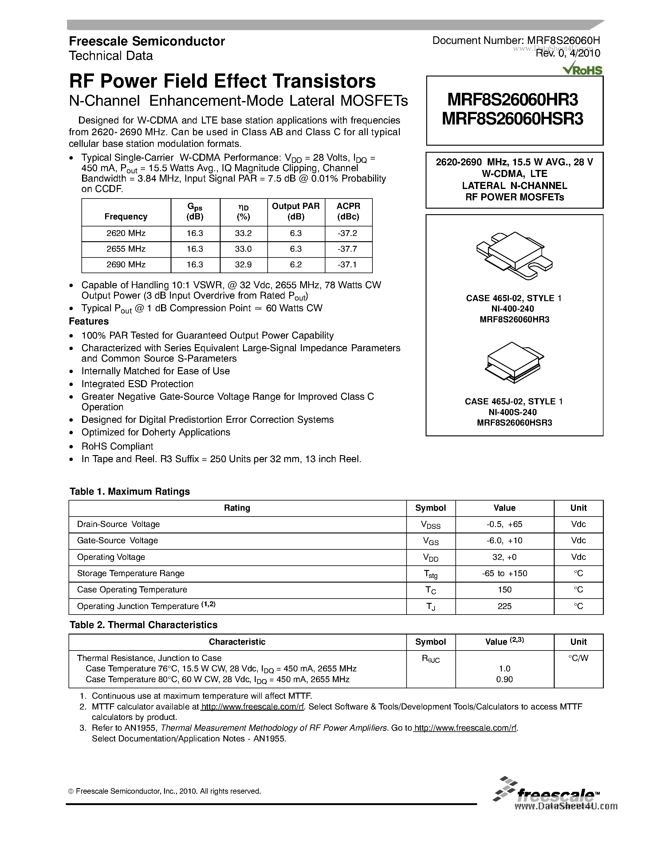 Datasheet MRF8S26060HR3 - RF Power Field Effect Transistors N-Channel Enhancement-Mode Lateral MOSFETs page 1
