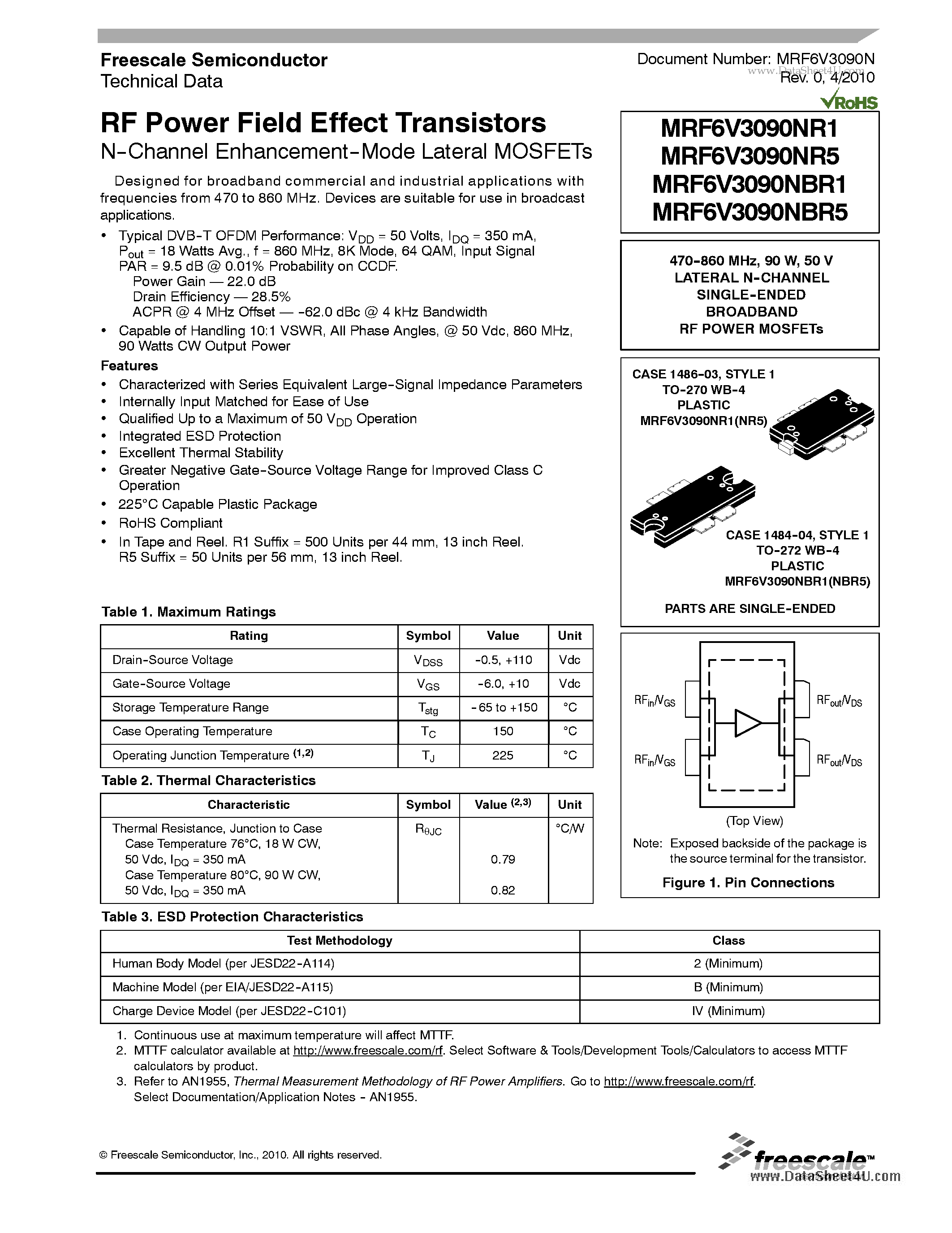 Datasheet MRF6V3090NBR1 - RF Power Field Effect Transistors N-Channel Enhancement-Mode Lateral MOSFETs page 1