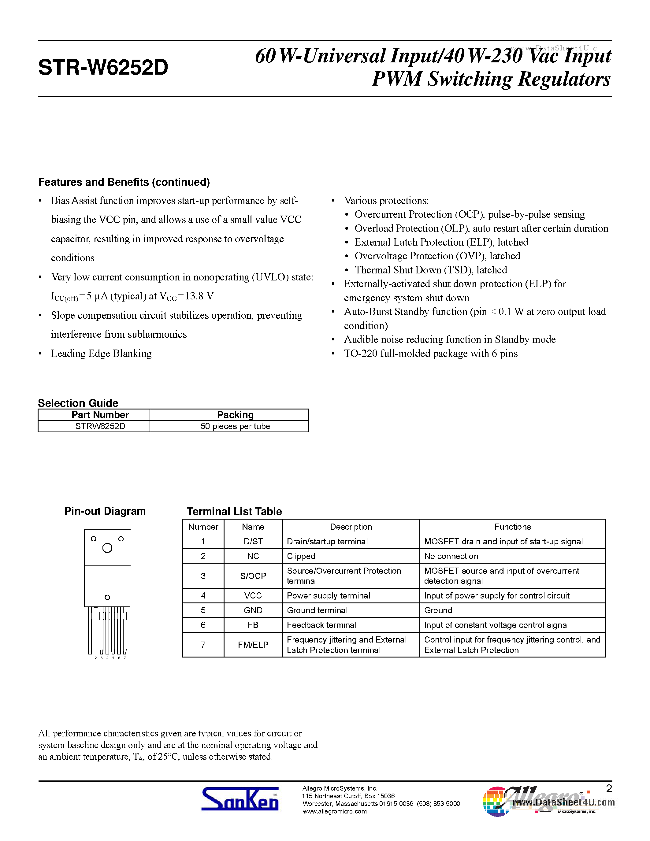 Datasheet STR-W6252D page 2 Datasheet STR-W6252D - 60 W-Universal Input/40 W-230 Vac Input PWM Switching Regulators page 2