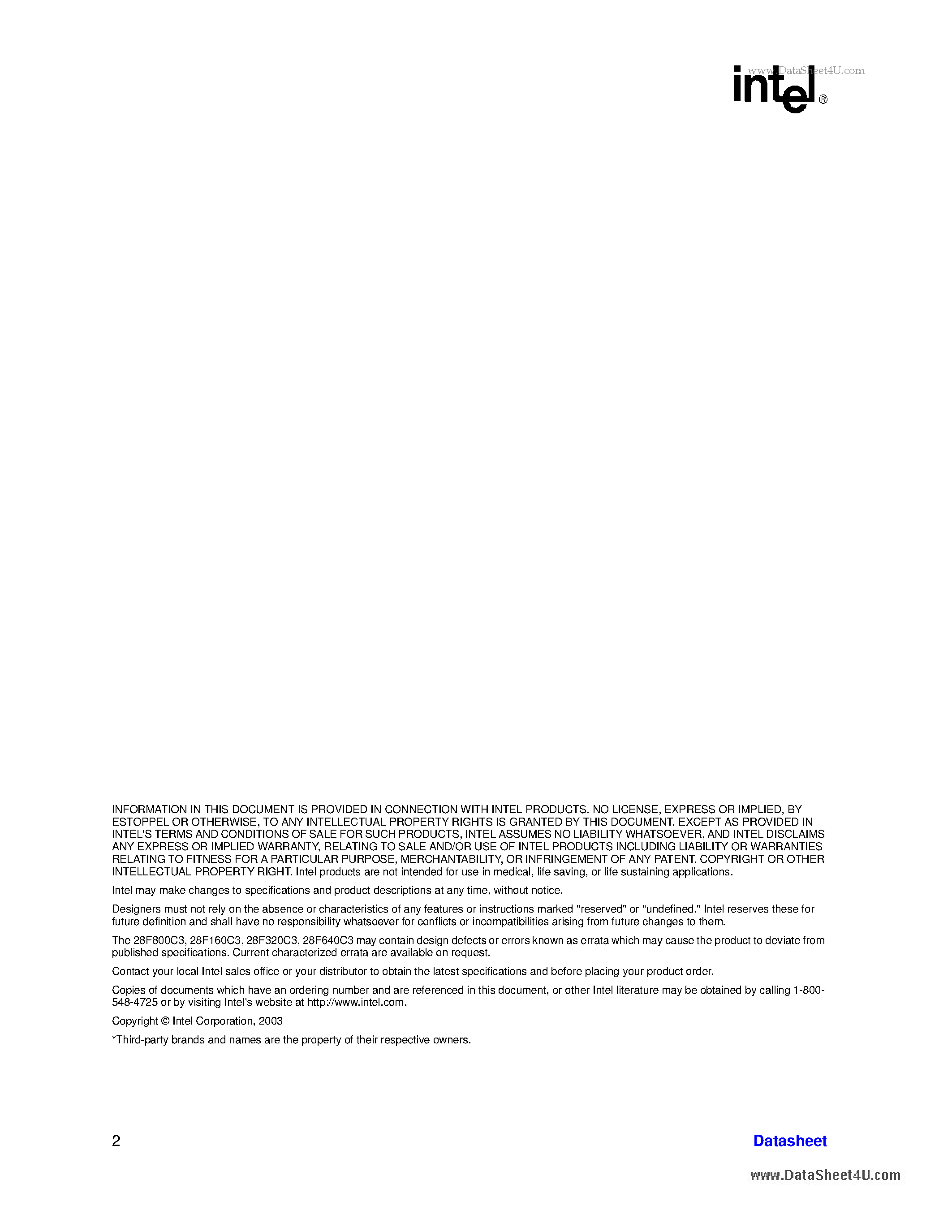 Datasheet 28F160C3 page 2 Datasheet 28F160C3 - 3 Volt Advanced+ Boot Block Flash Memory page 2