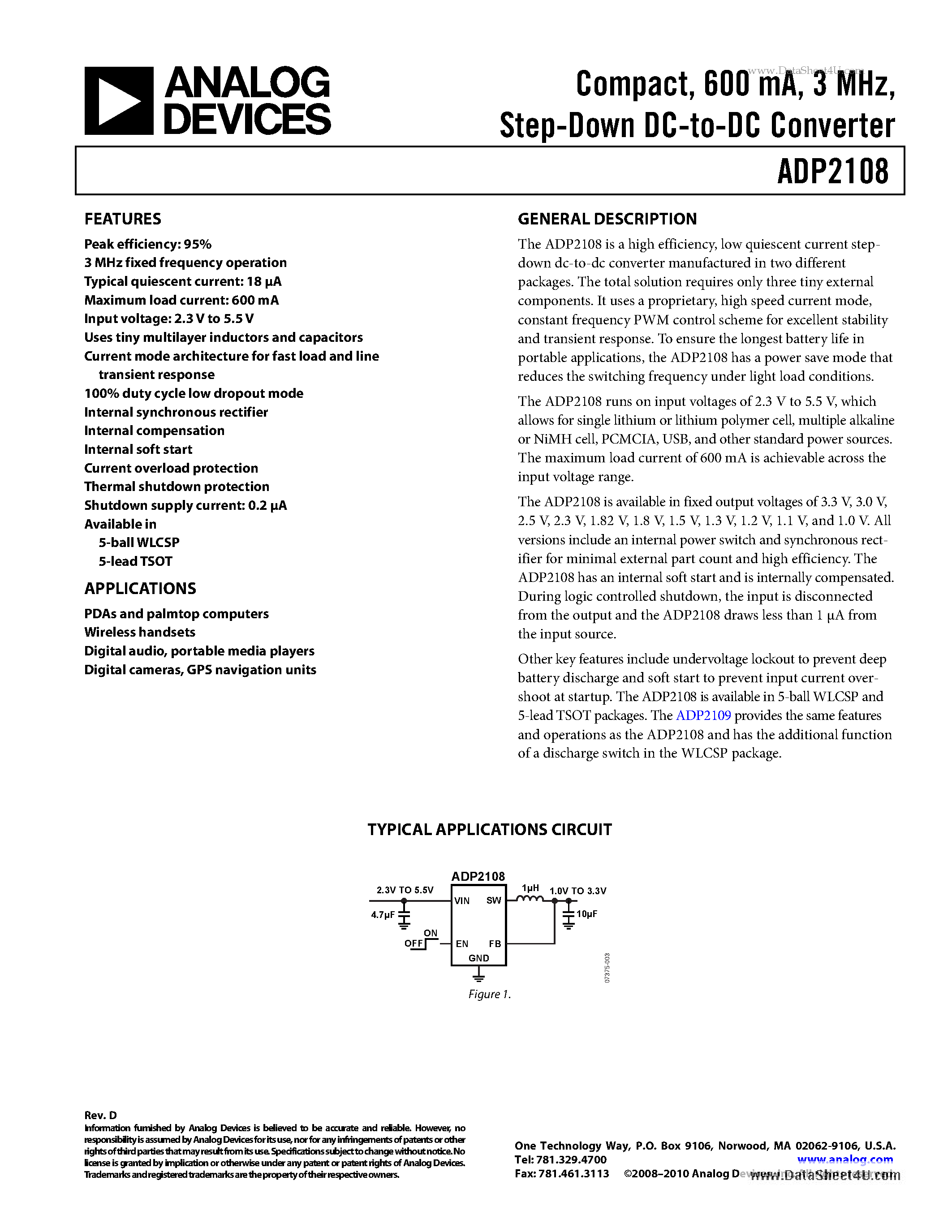 Datasheet ADP2108 page 1 Datasheet ADP2108 - Step-Down DC-to-DC Converter page 1