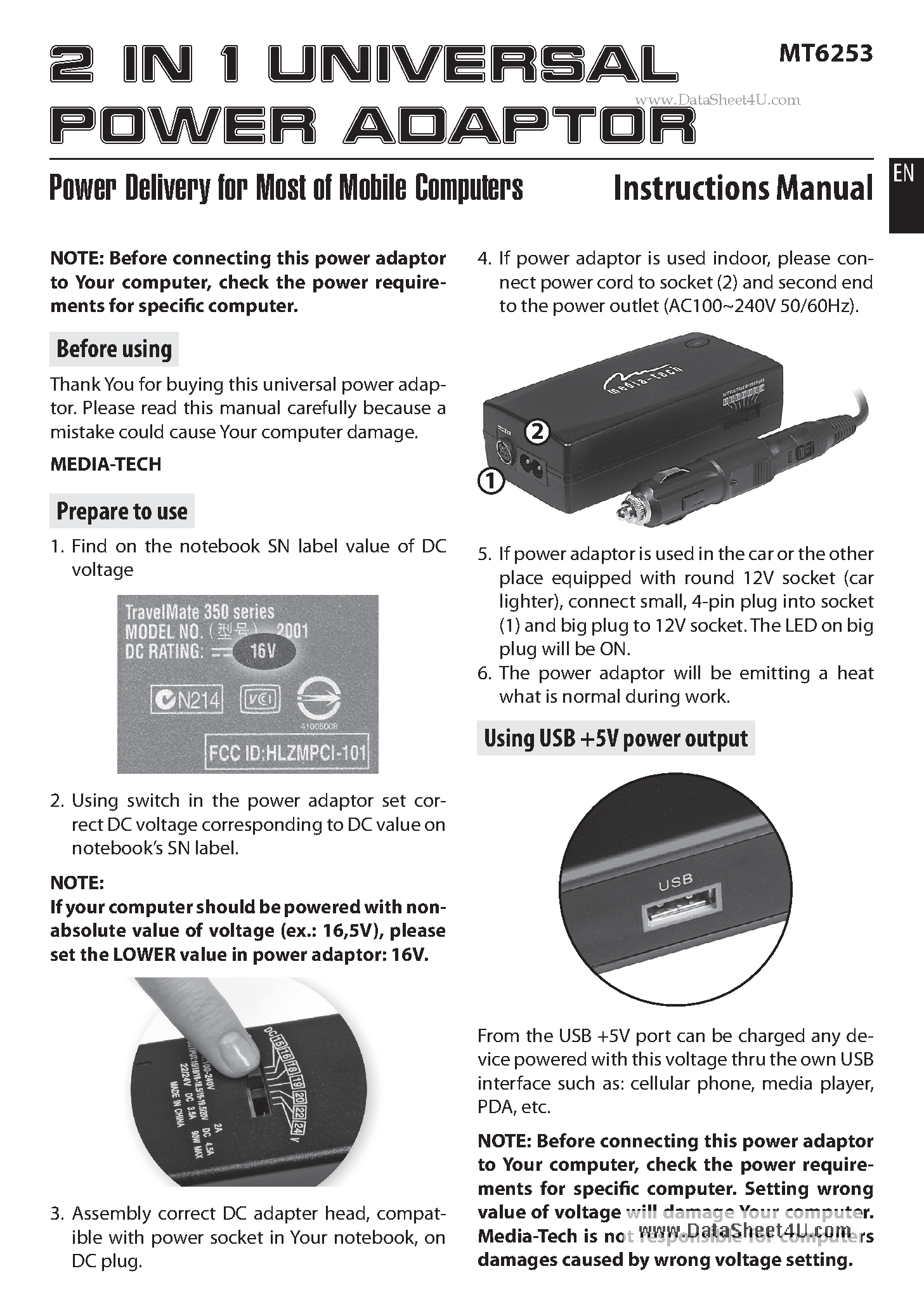 Datasheet MT6253 - 2 in 1 UNIVERSAL POWER ADAPTOR page 1