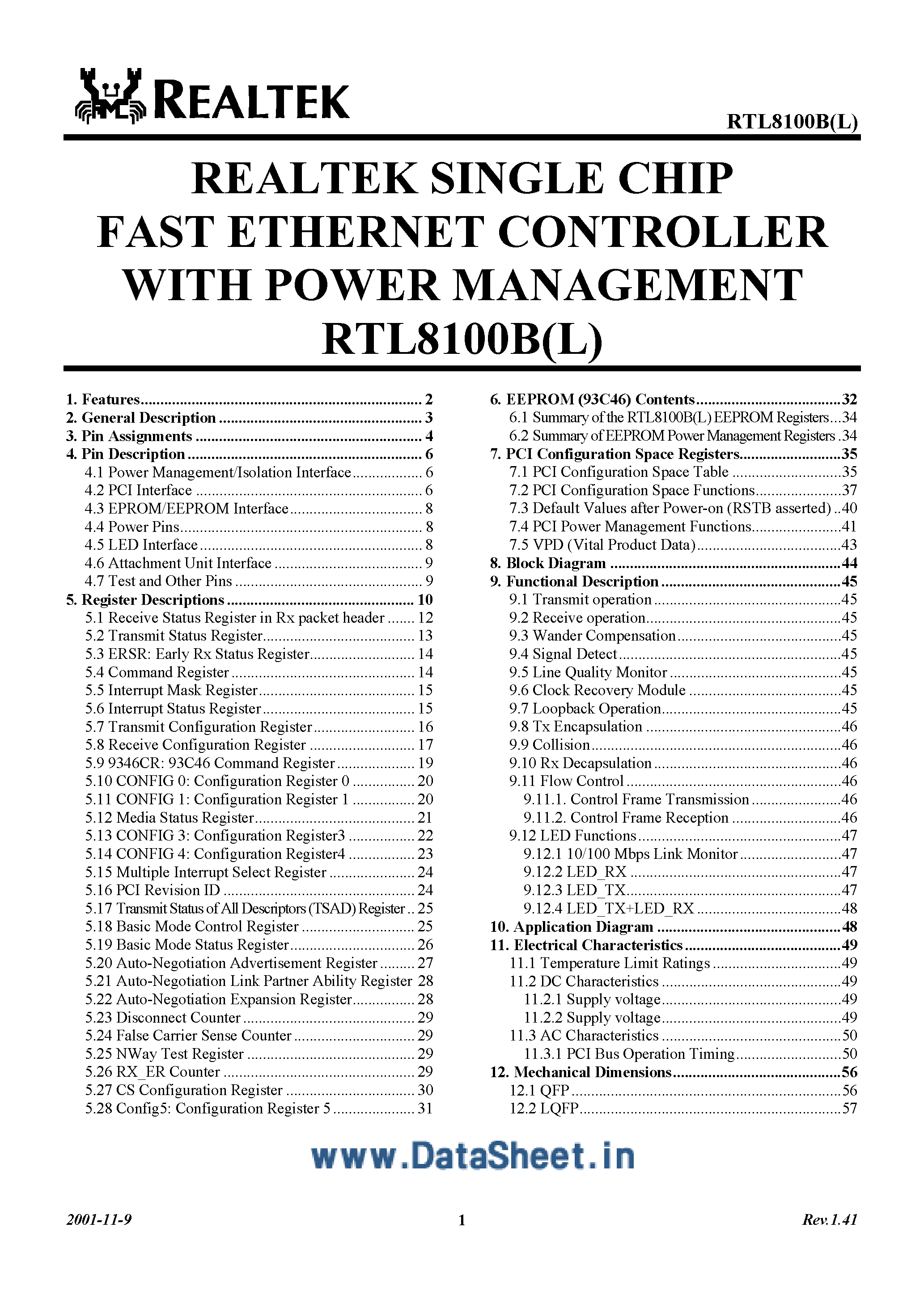 Даташит на микросхему RTL8100 страница 1 Даташит RTL8100 - Fast Ethernet Controller страница 1