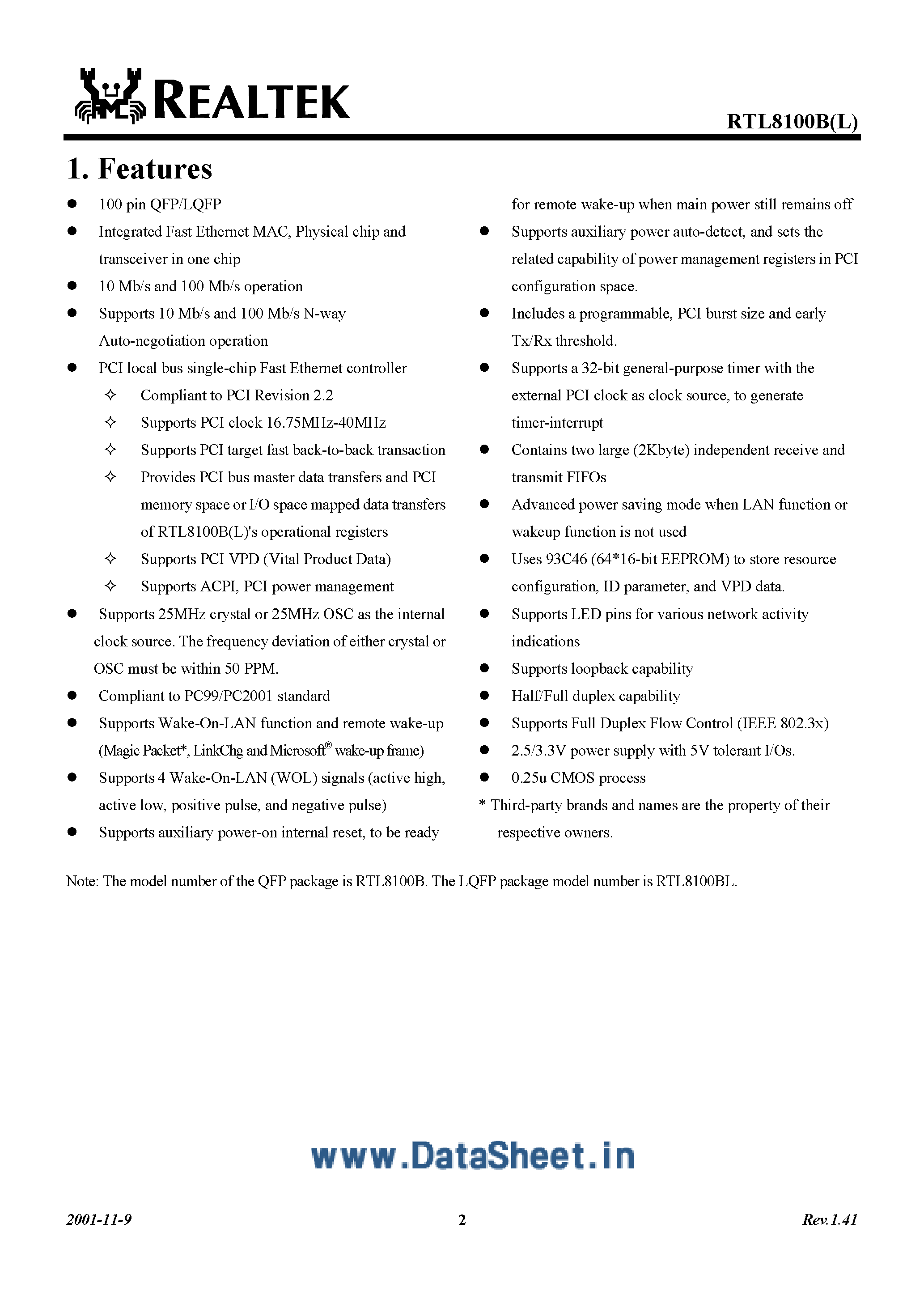 Даташит на микросхему RTL8100 страница 2 Даташит RTL8100 - Fast Ethernet Controller страница 2